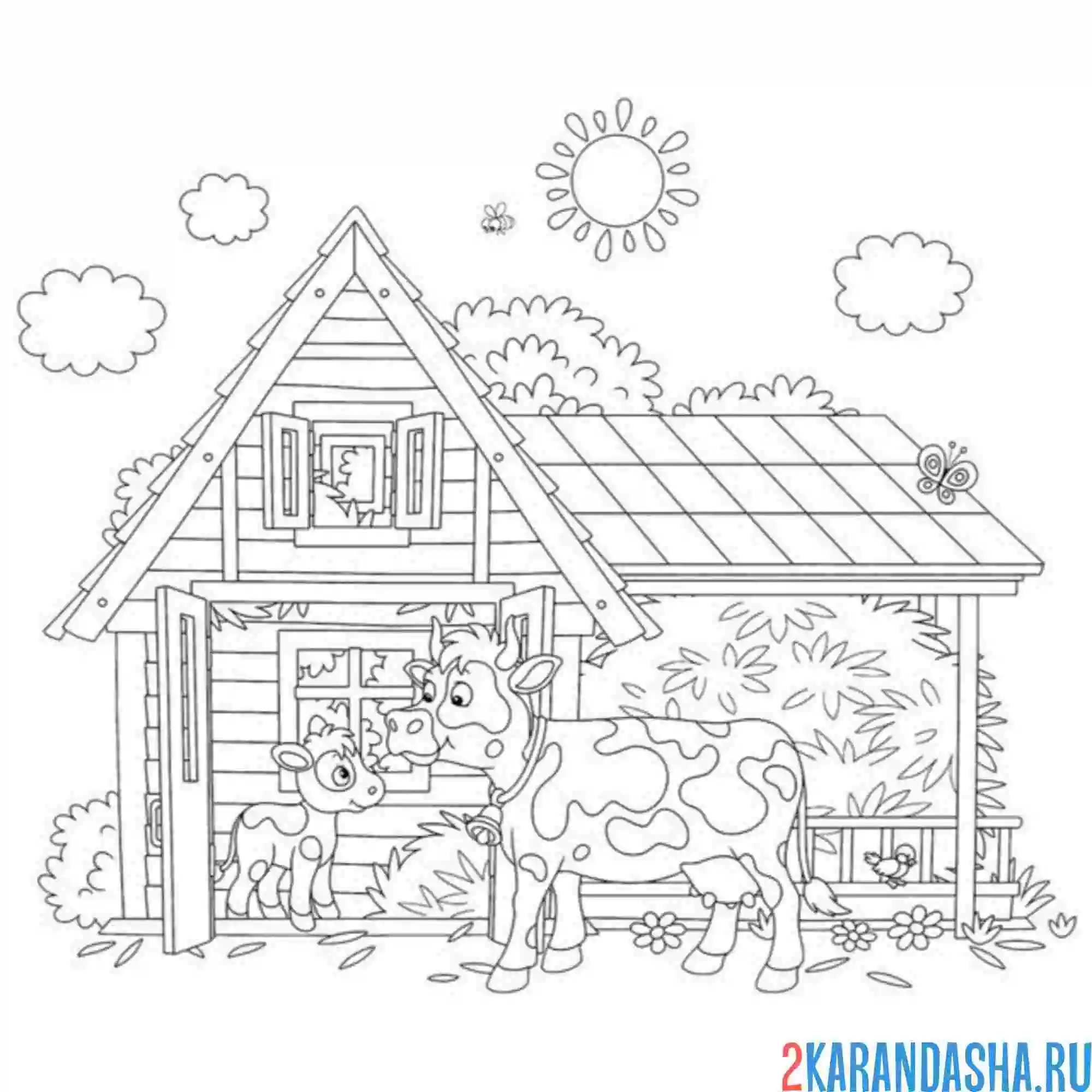 Раскраска корова и теленок на ферме
