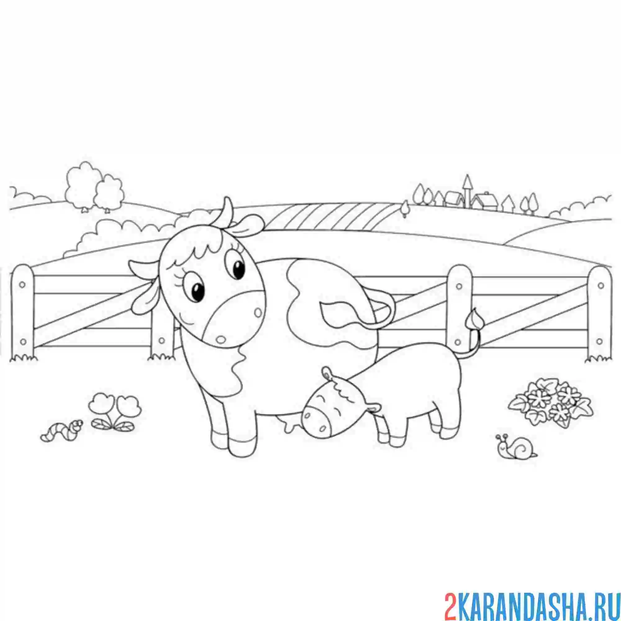 Раскраска мама корова и малыш