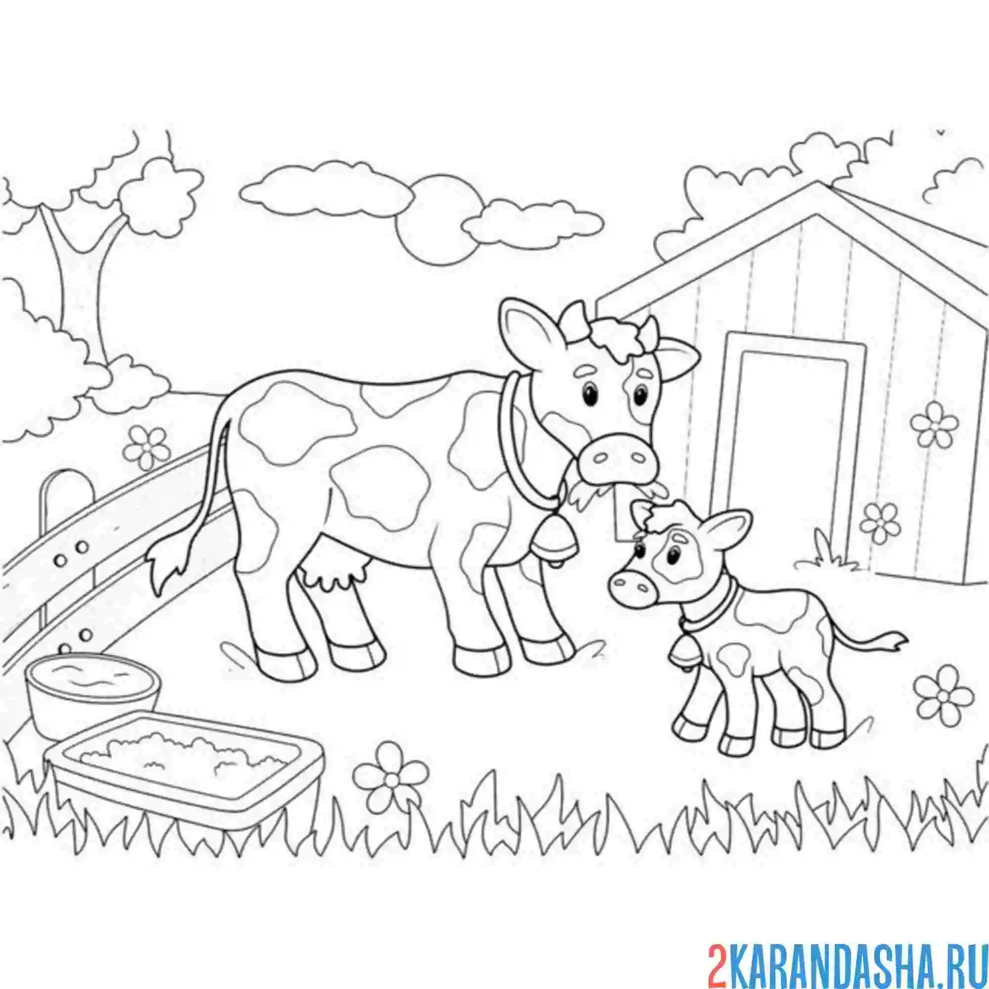 Раскраска корова с теленком гуляют