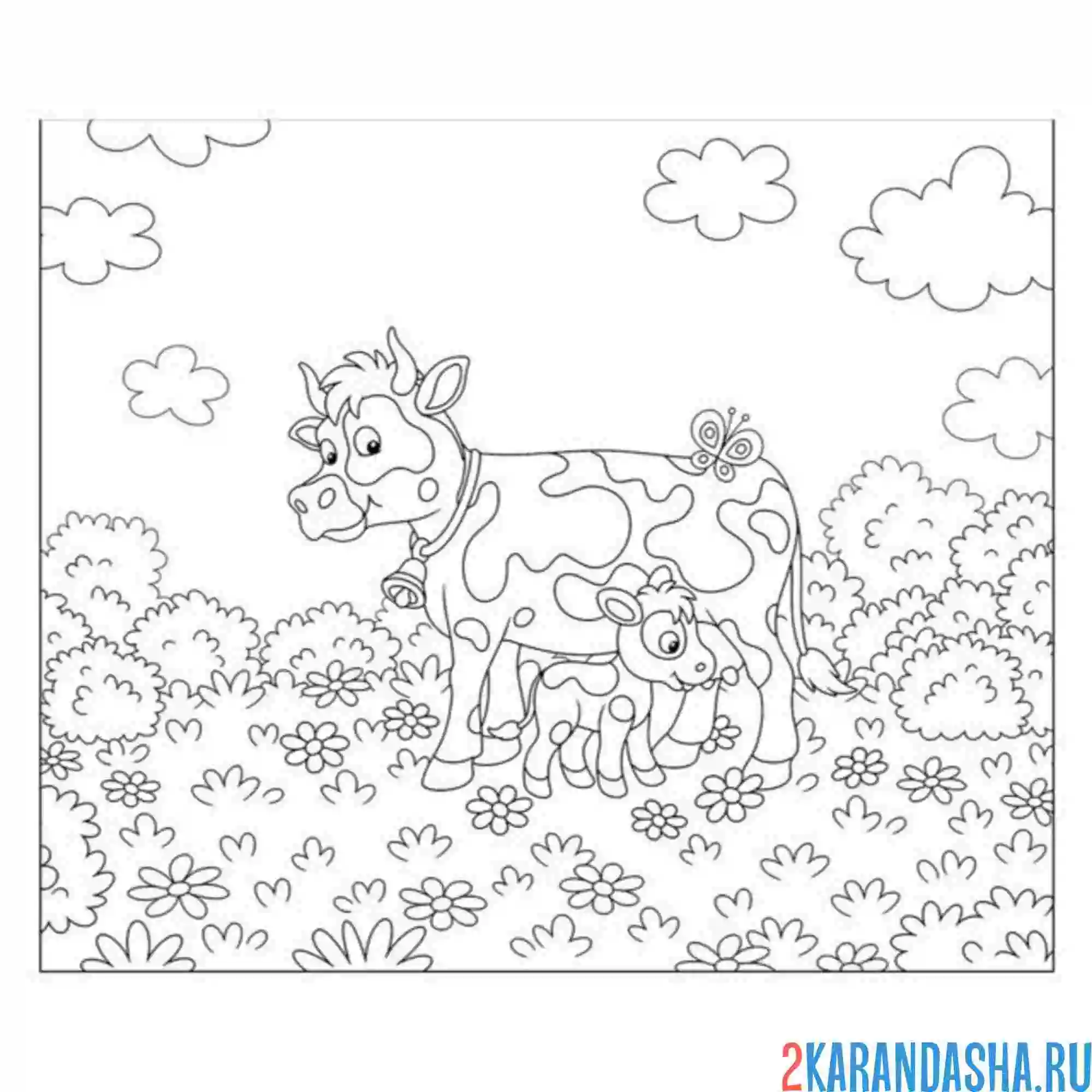 Раскраска коровка и теленок