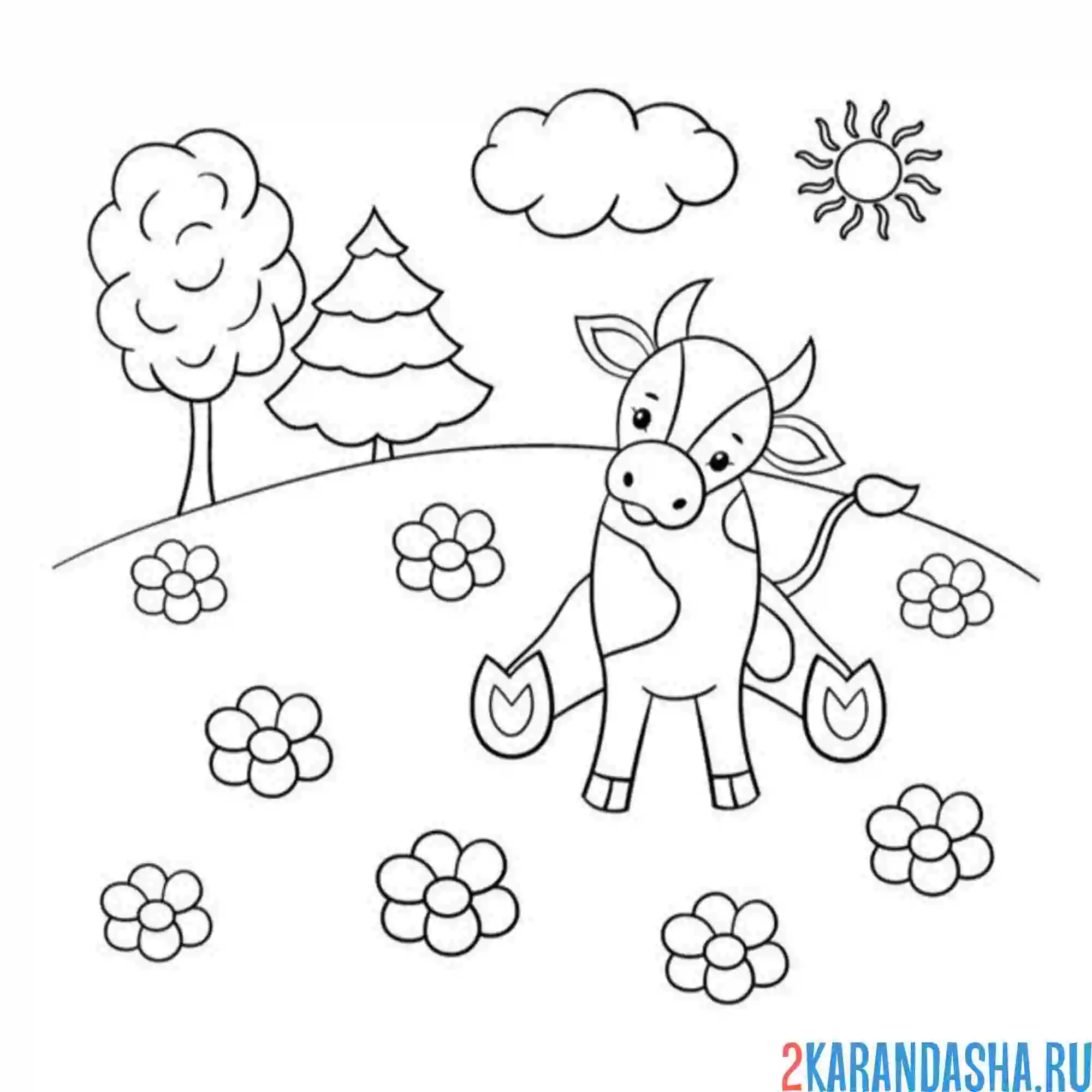 Раскраска теленок на лугу