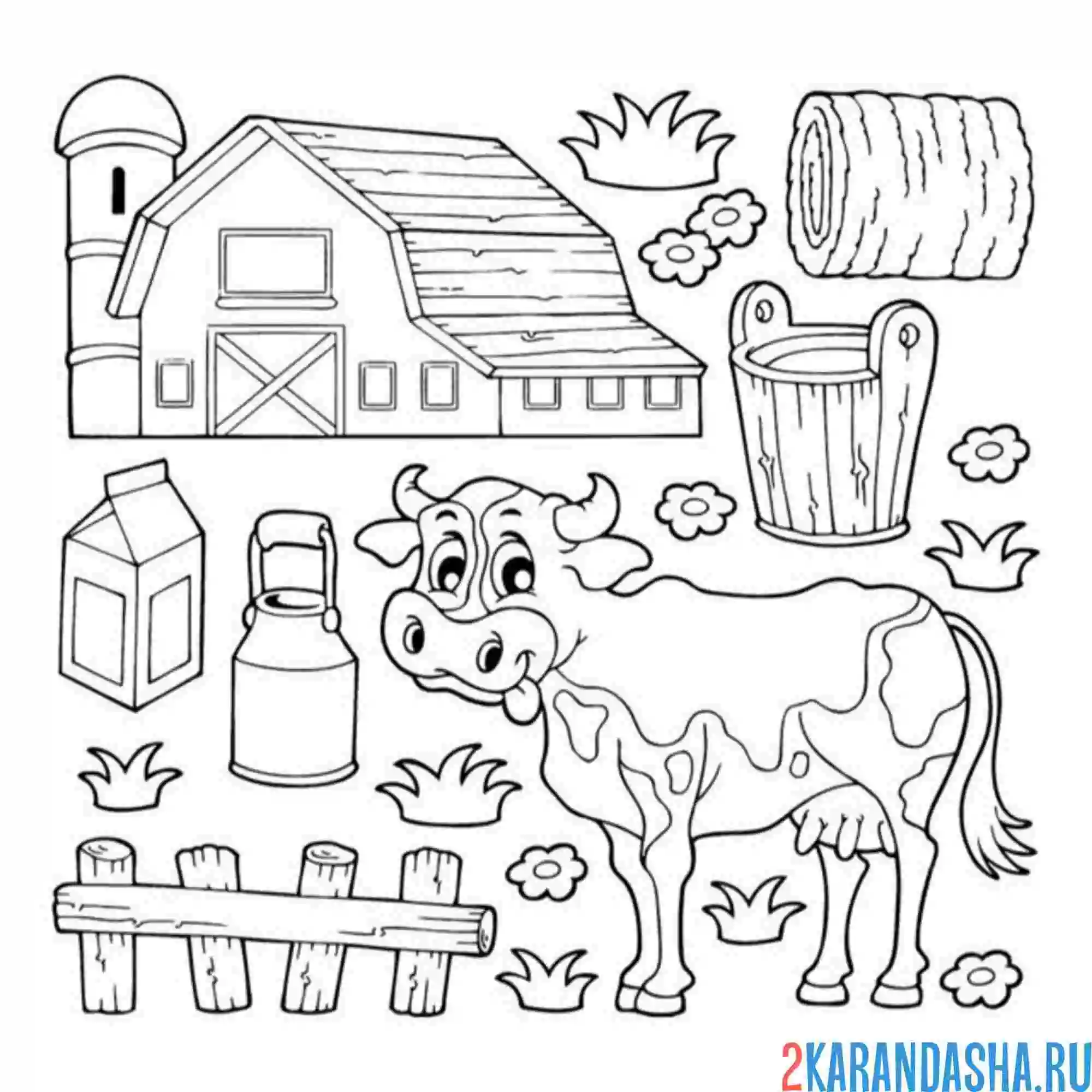 Раскраска ферма с коровой и молоком