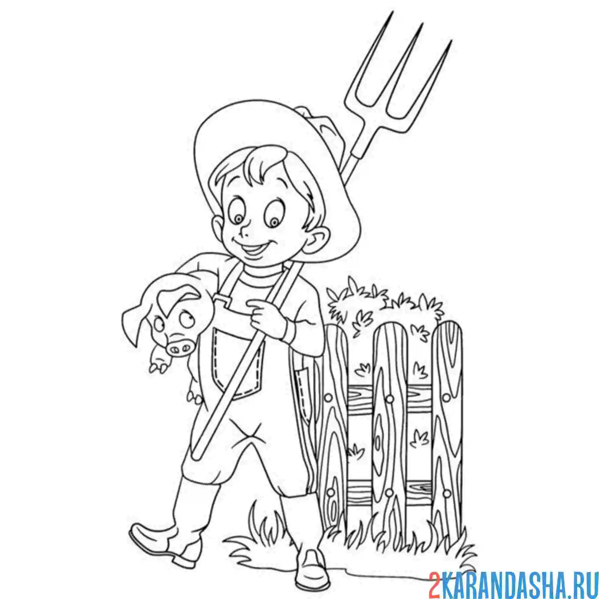 Раскраска фермер с поросенком