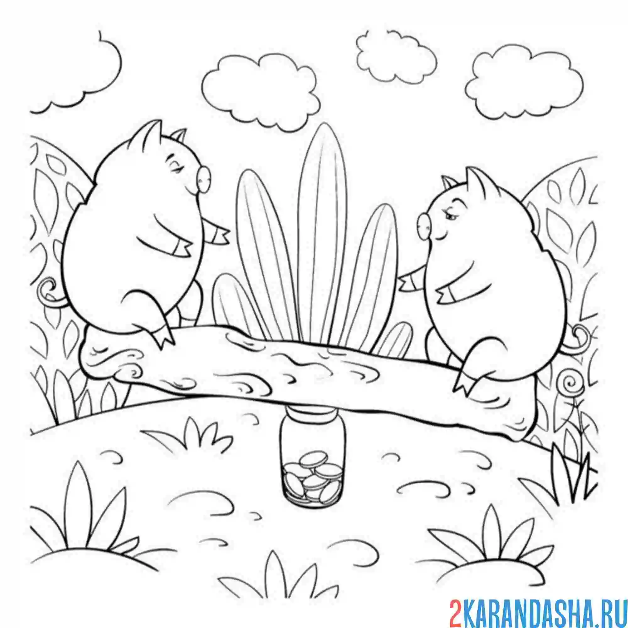 Раскраска свинки на качелях