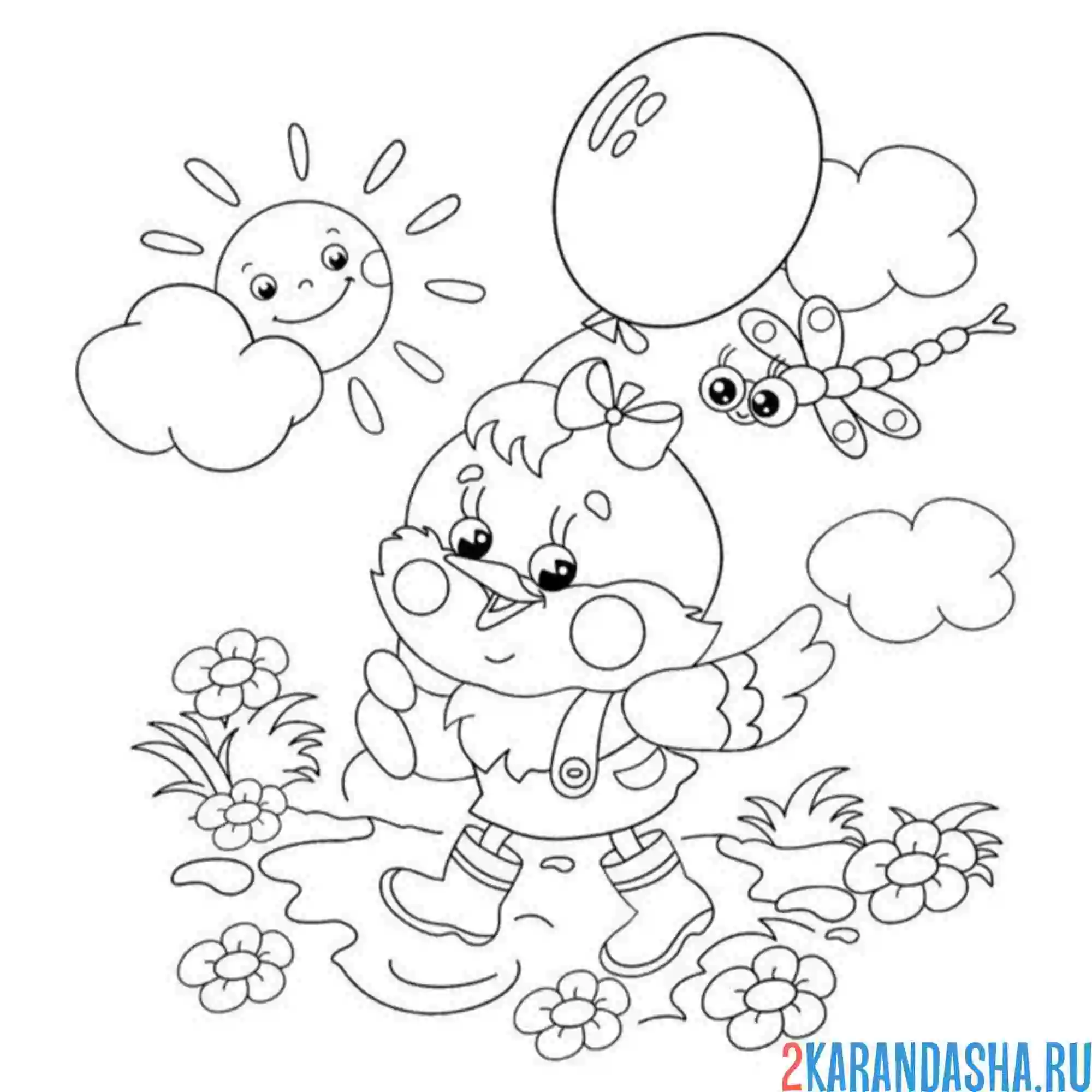 Раскраска цыпленок и стрекоза