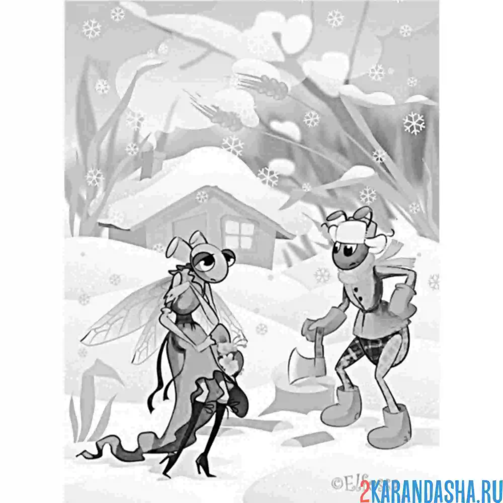 Раскраска стрекоза и муравей зимой