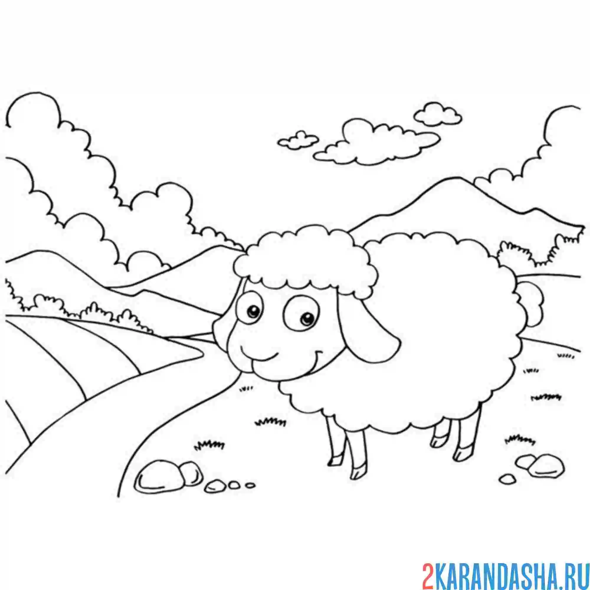 Раскраска овечка на реке