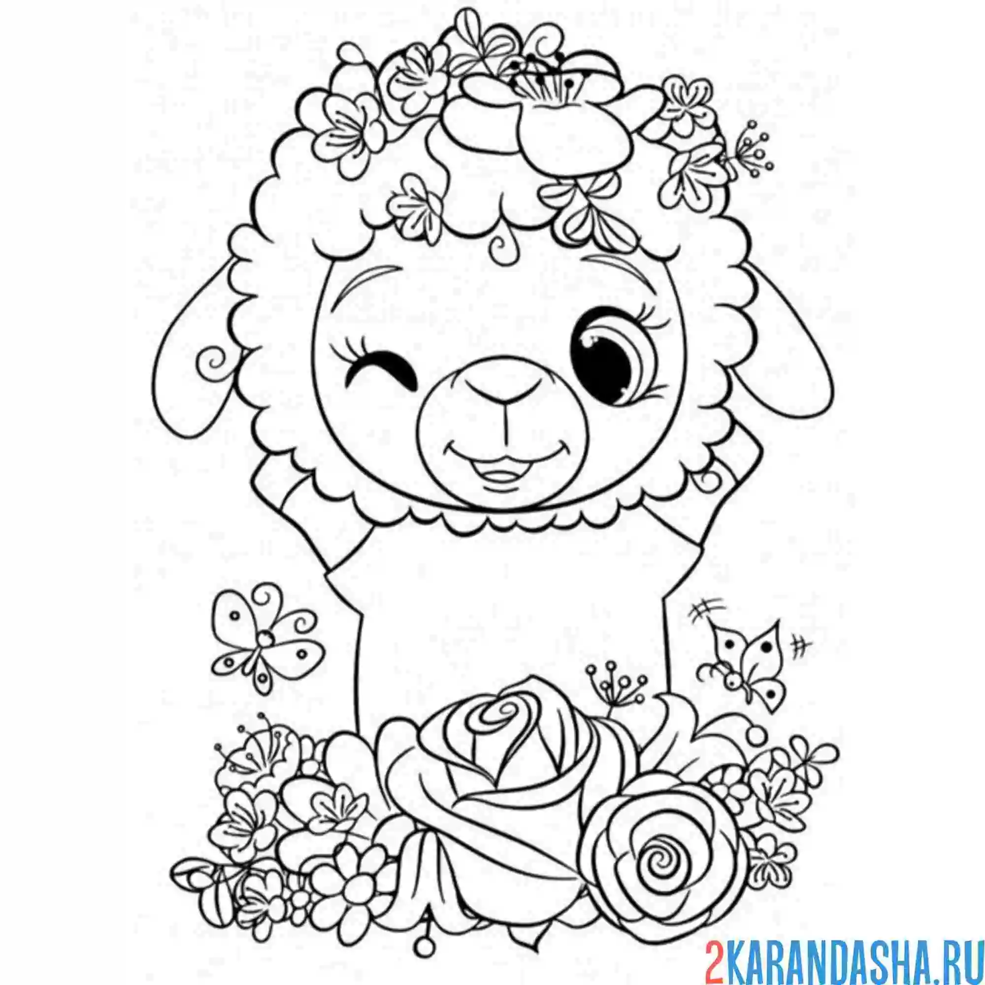 Раскраска милая овечка барашек в цветах