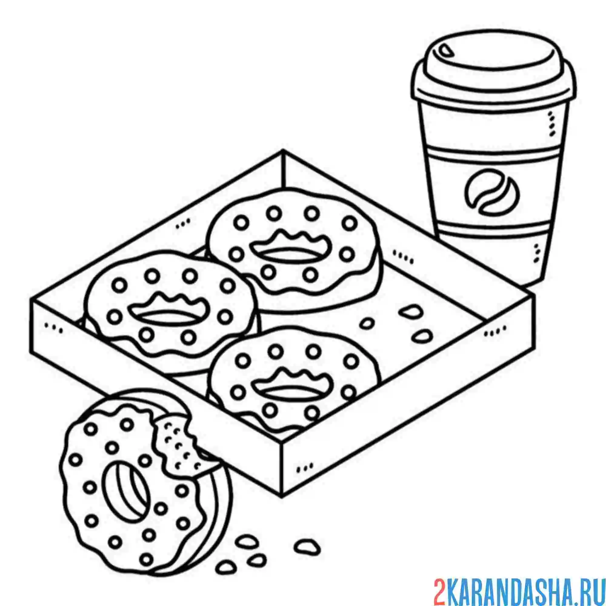 Раскраска пончики в коробке и кофе
