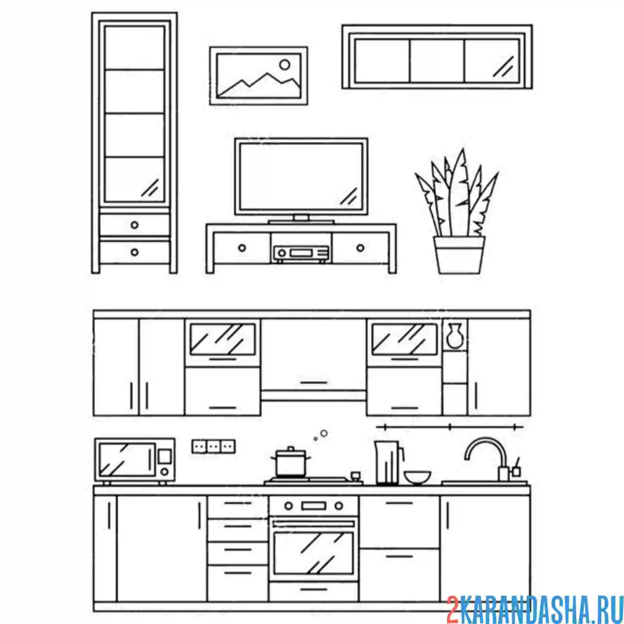 Раскраска мебель кухня и гостиная