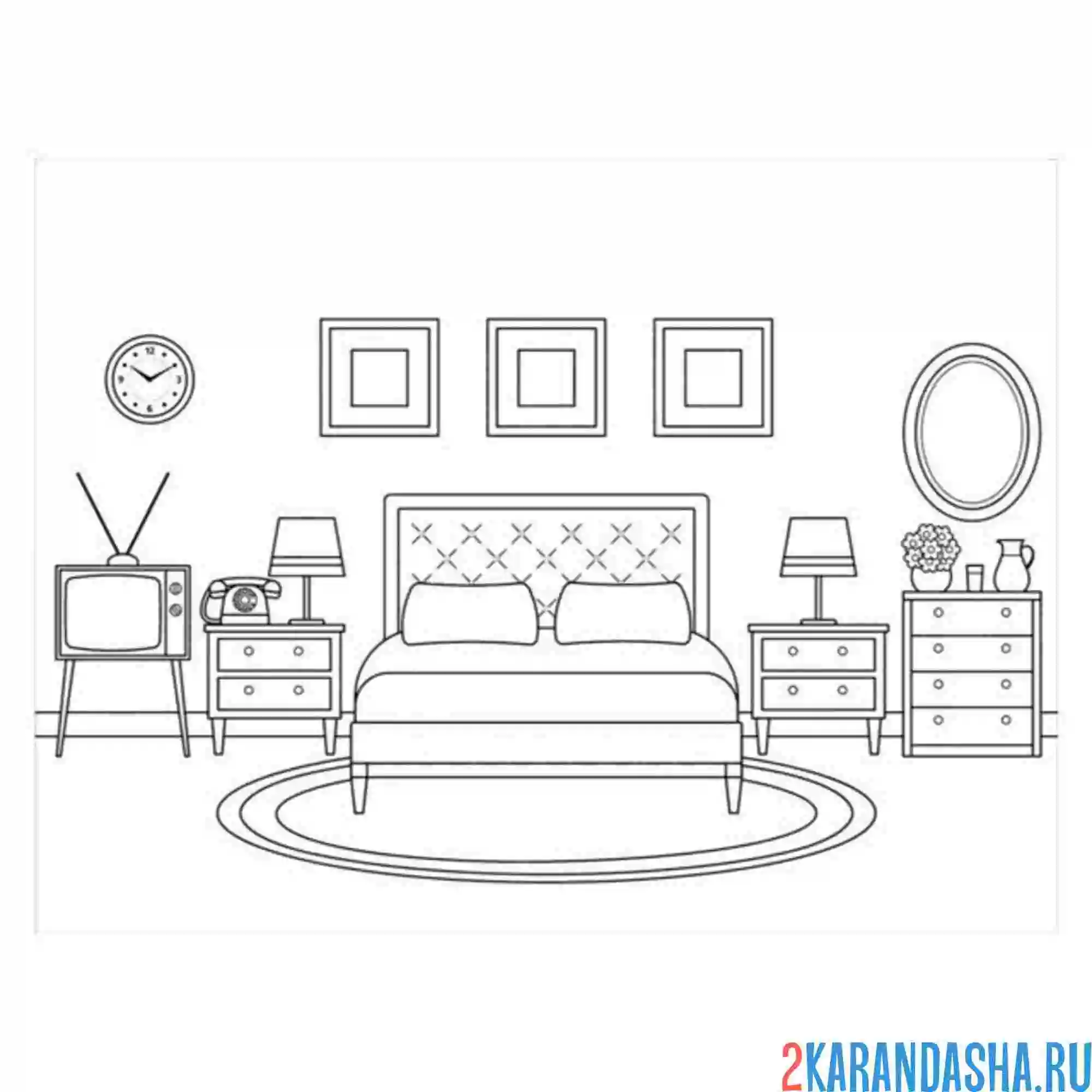 Раскраска кровать, картины и мебель для спальни