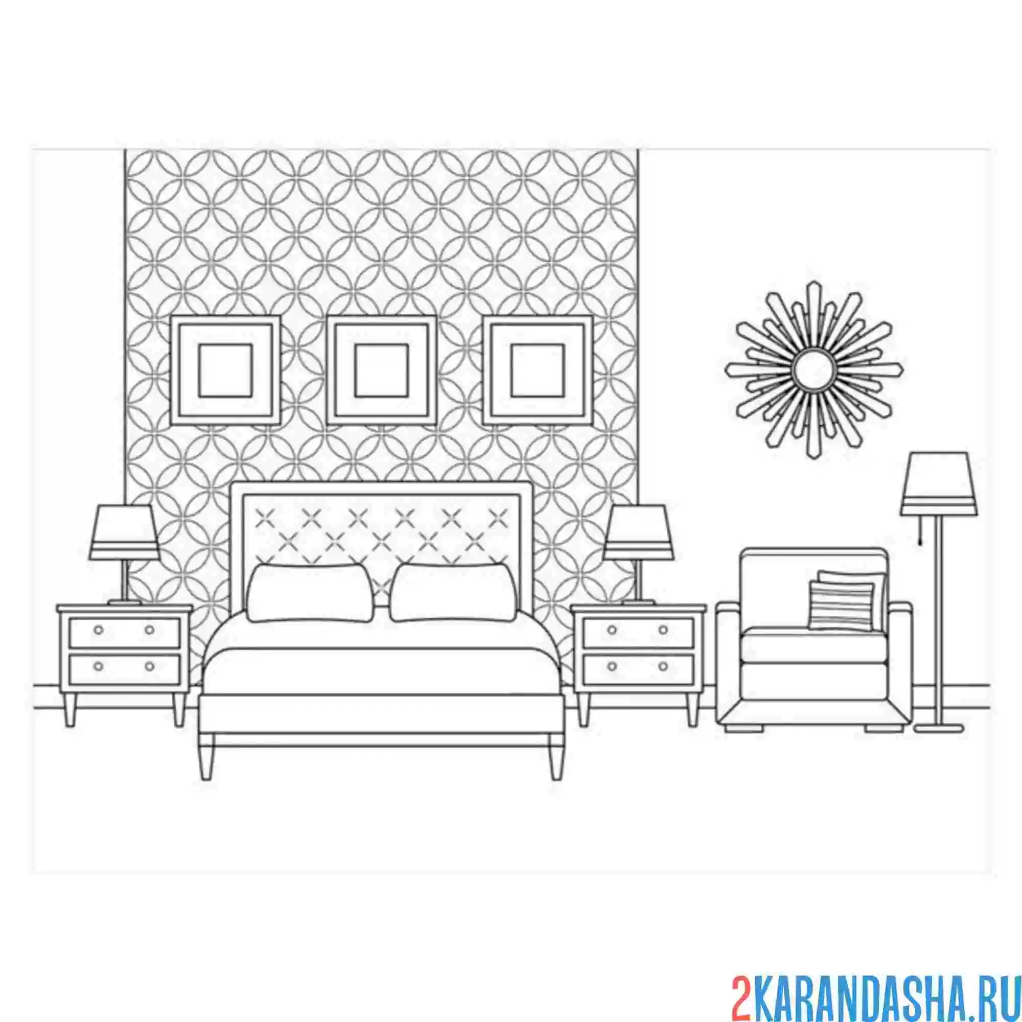 Раскраска интерьер спальни мебель