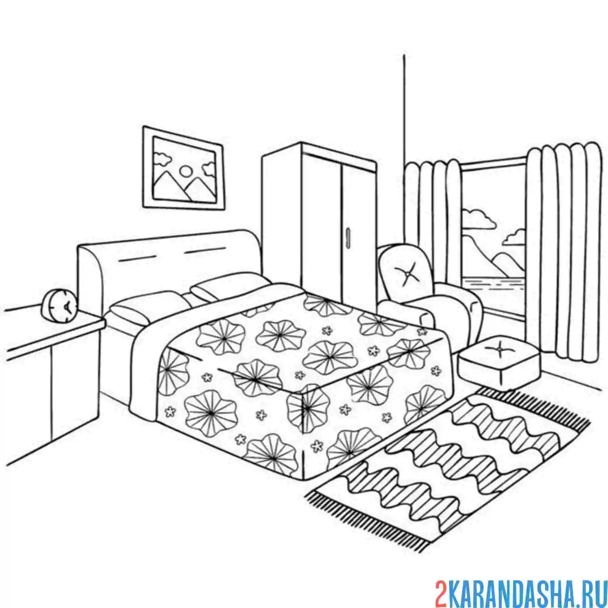 Раскраска спальня кровать