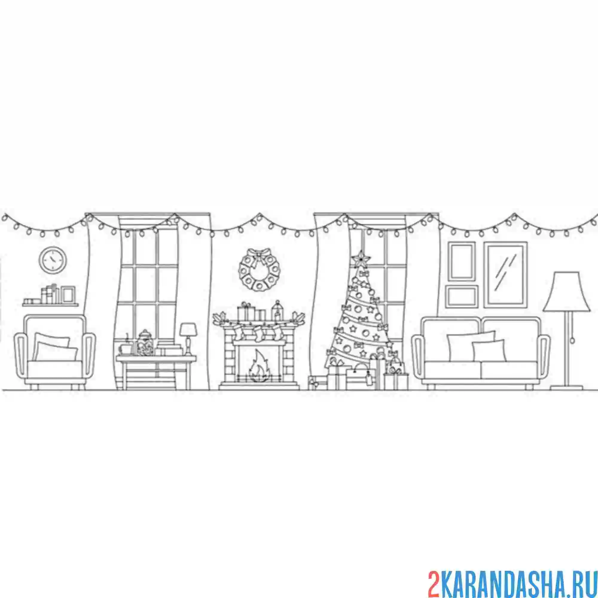 Раскраска гостиная на рождество