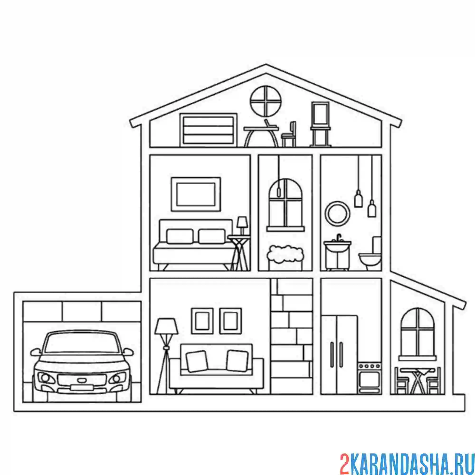 Раскраска кукольный домик с мебелью