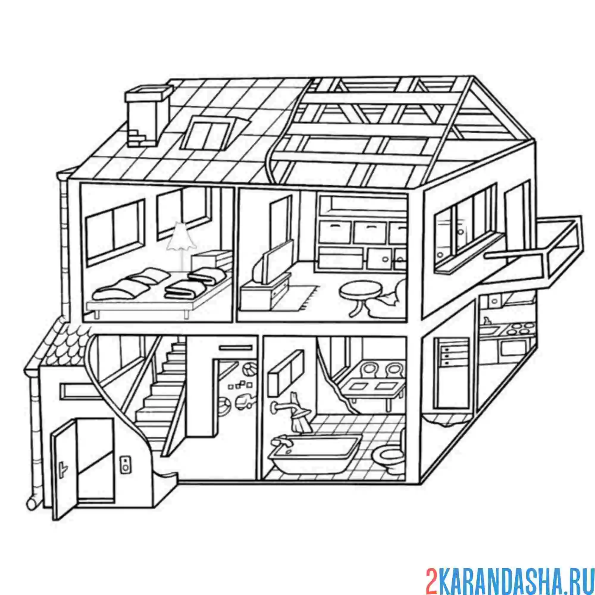 Раскраска кукольный дом с мебелью
