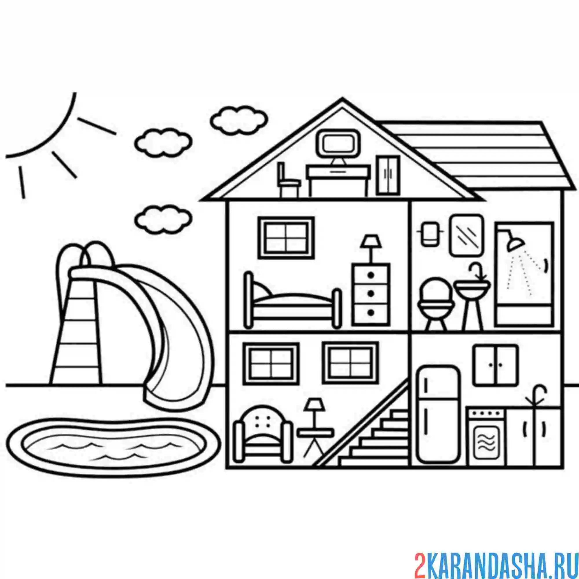 Раскраска дом с мебелью