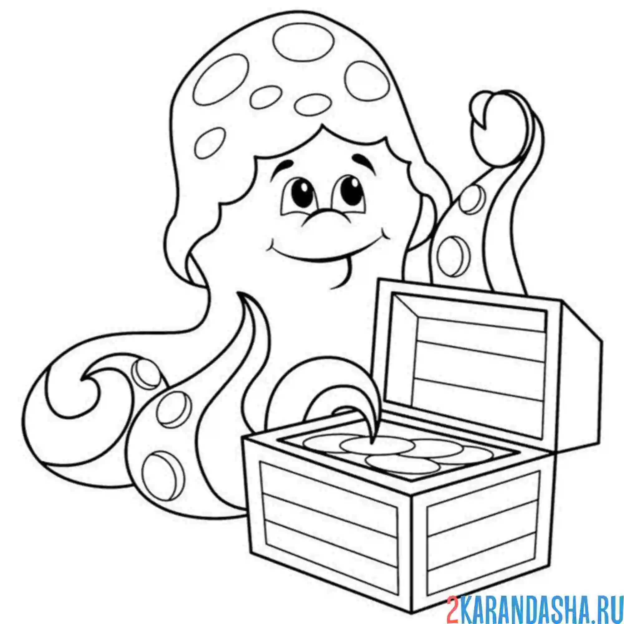 Раскраска осьминог и сокровища