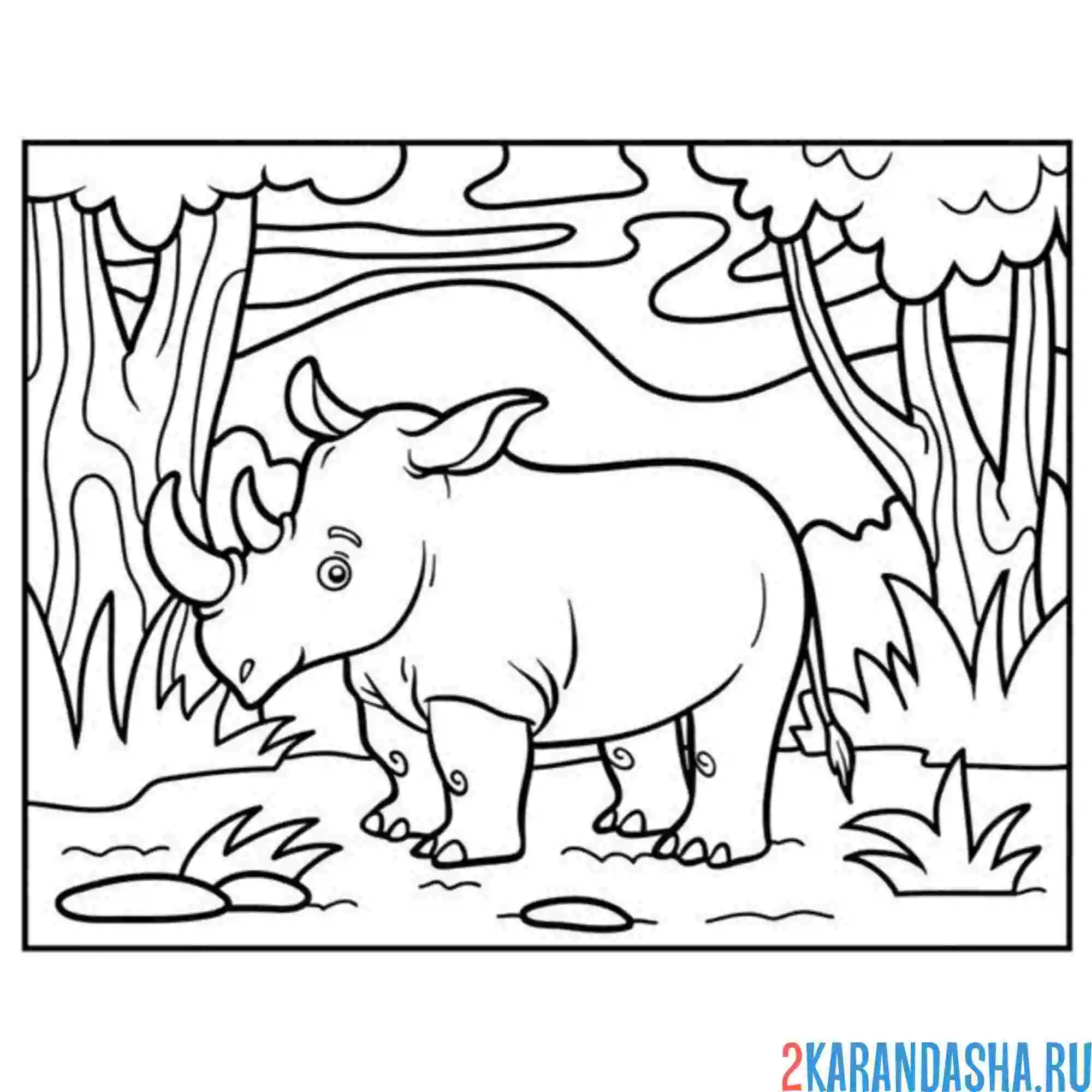 Раскраска носорог в лесу