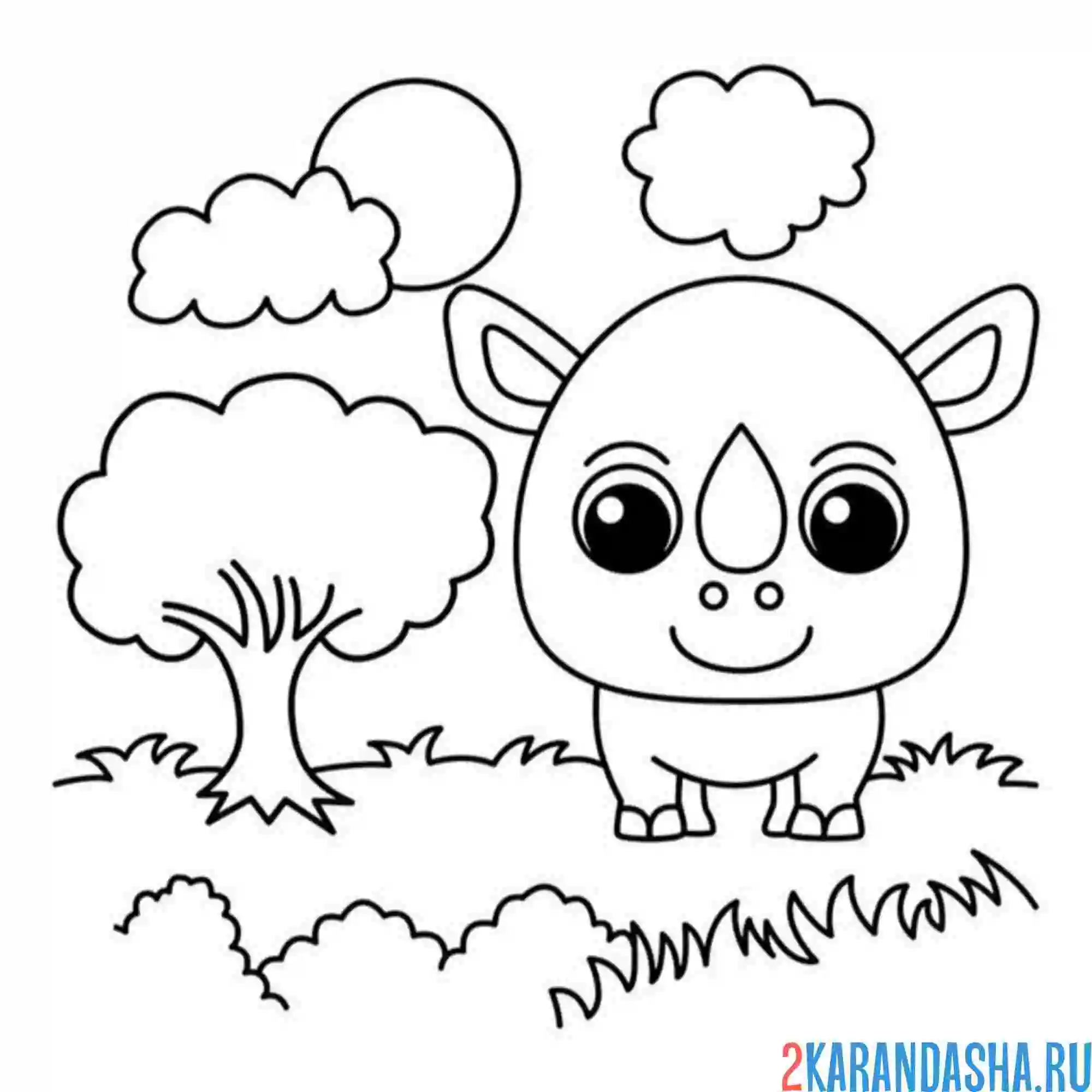 Раскраска носорог у дерева