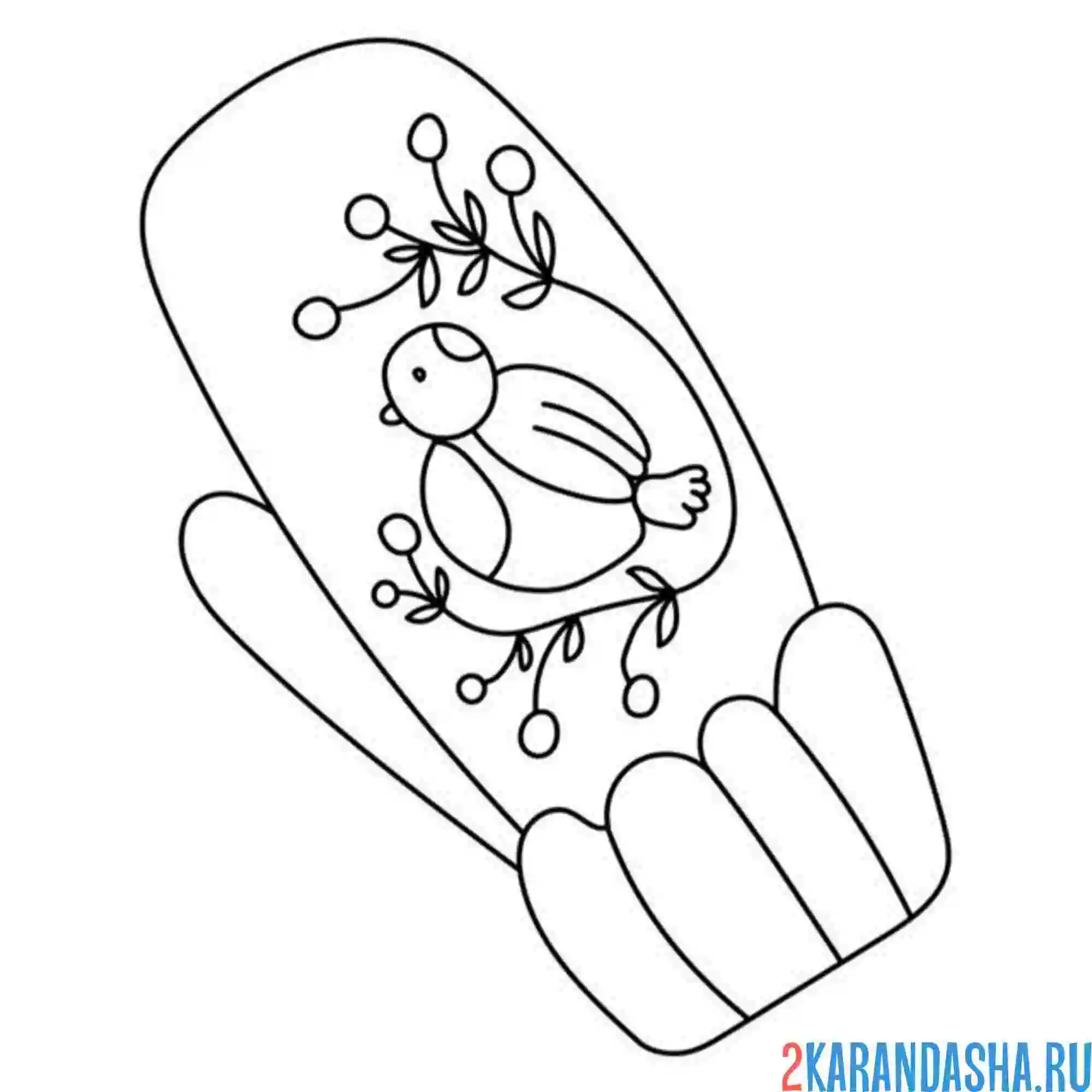 Раскраска варежка с птичкой