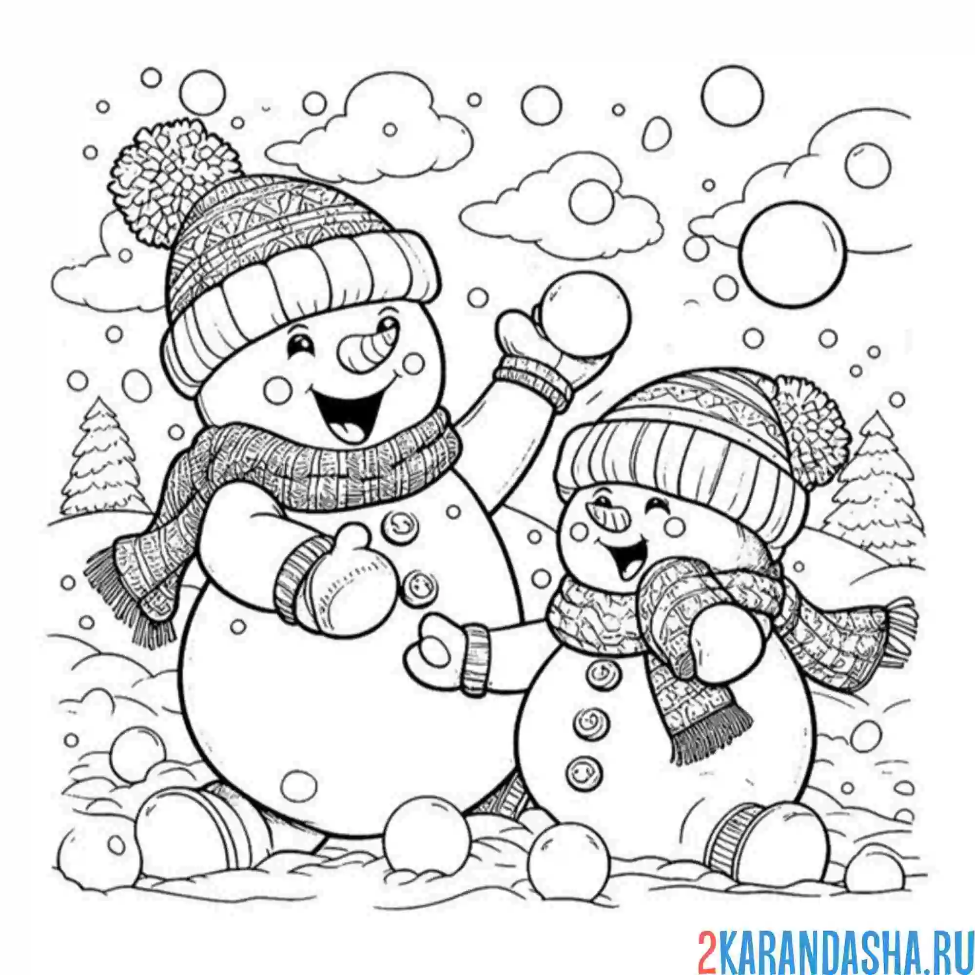 Раскраска зимние варежки на снеговиках