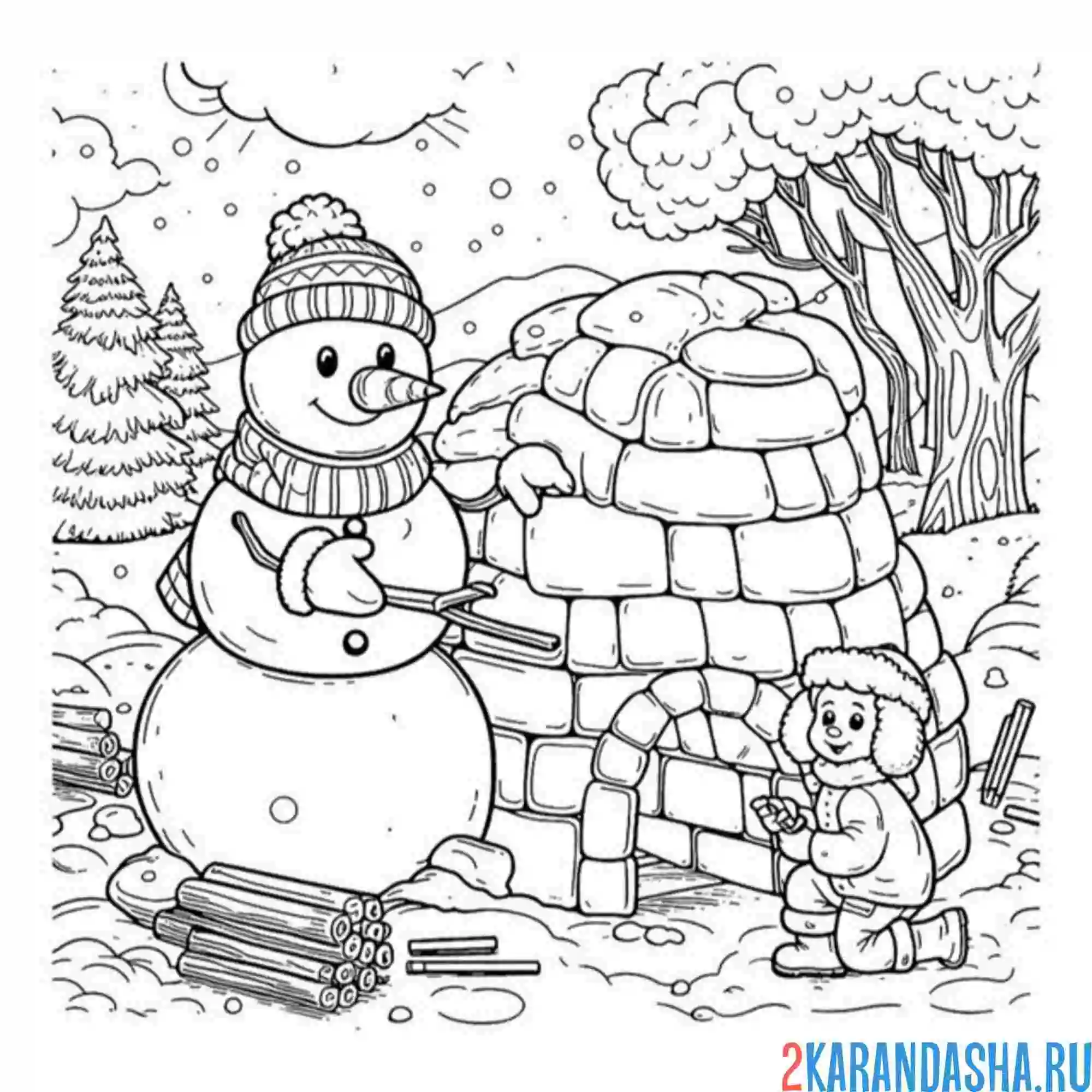 Раскраска снеговик и лед