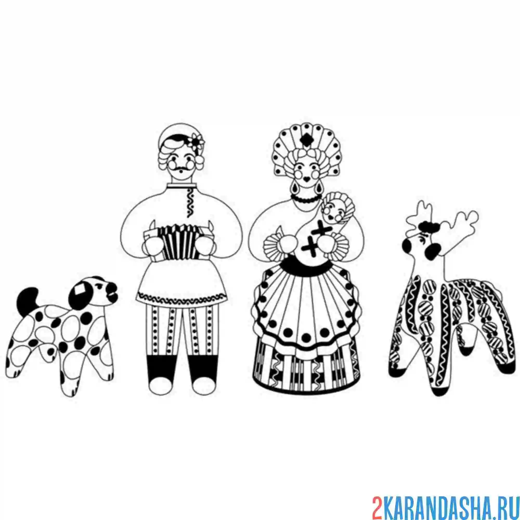 Раскраска дымковская игрушка семья
