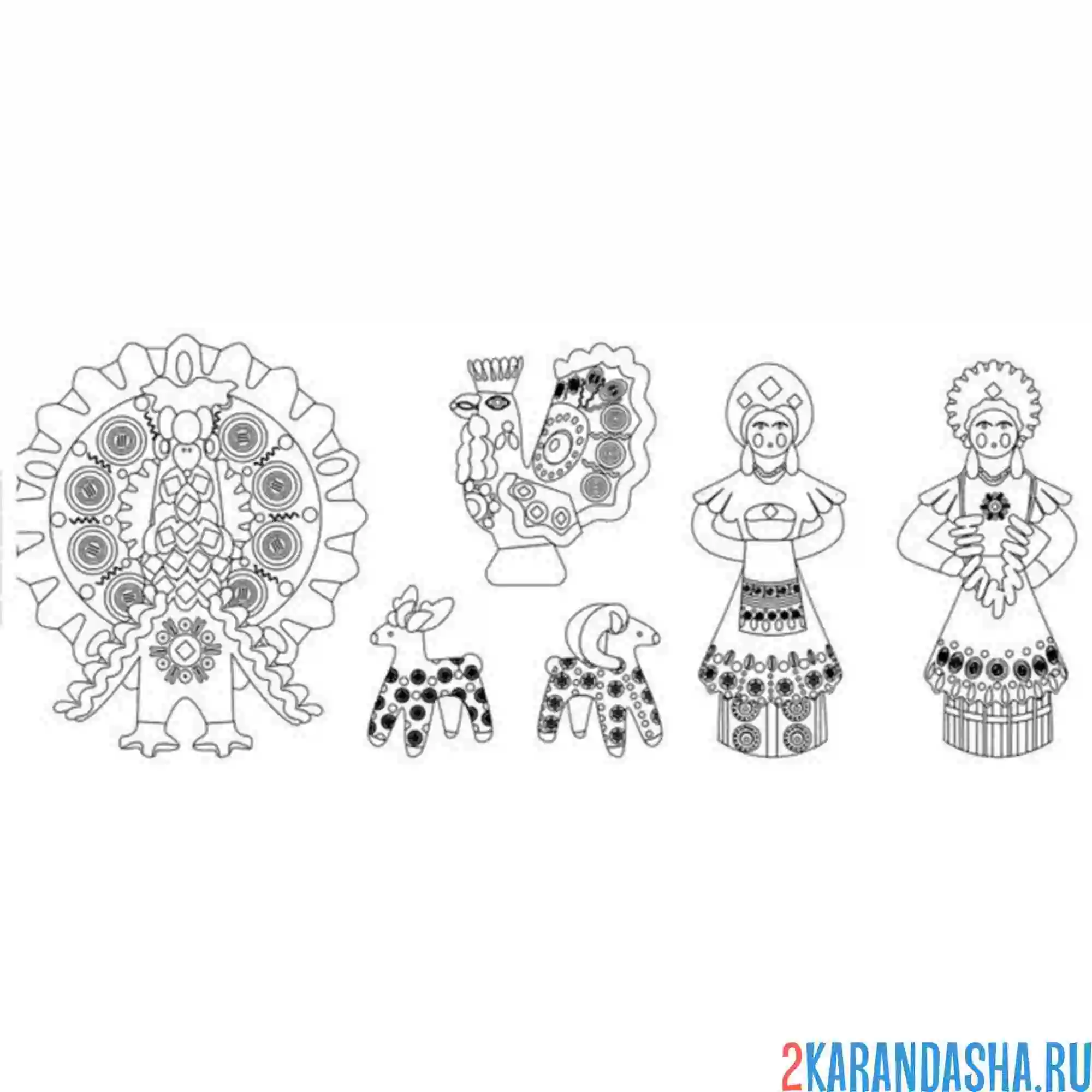 Раскраска дымковская игрушка птицы и люди