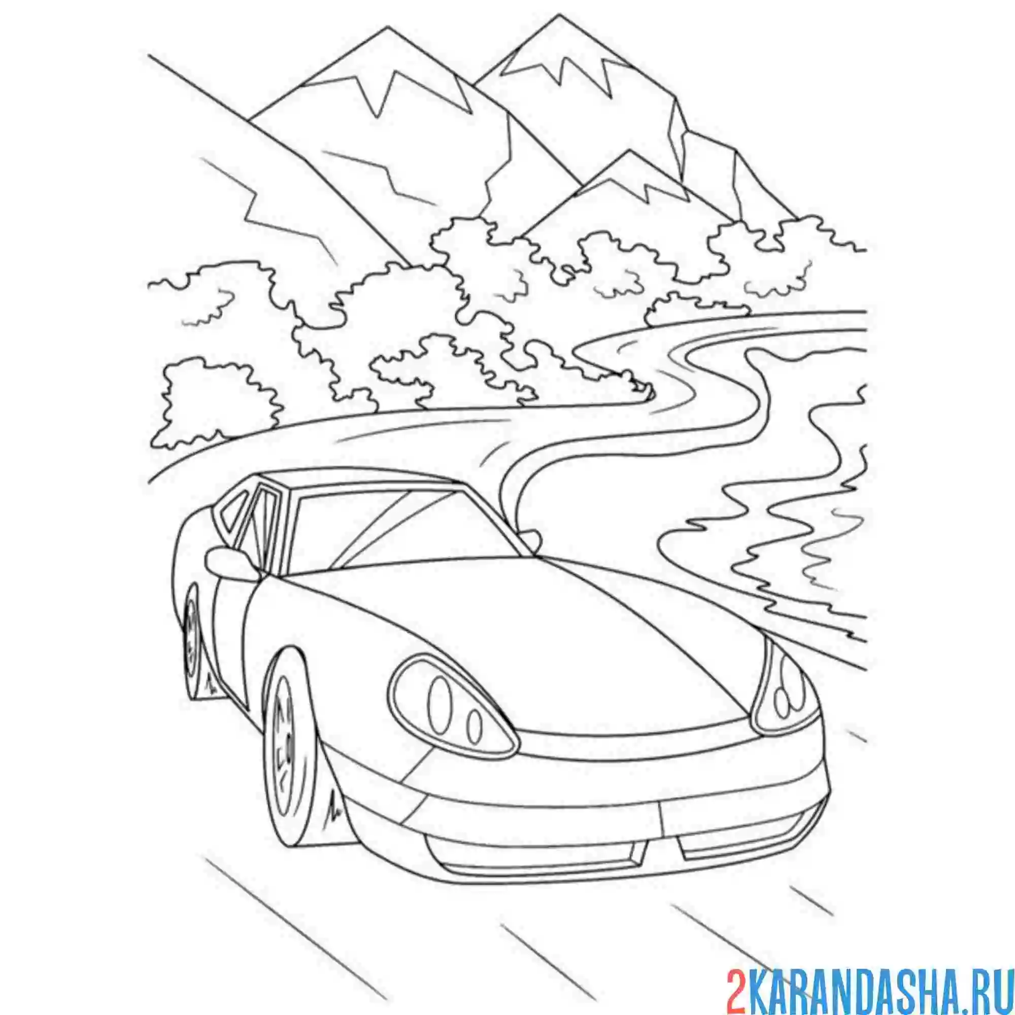Раскраска гоночная машина в горах