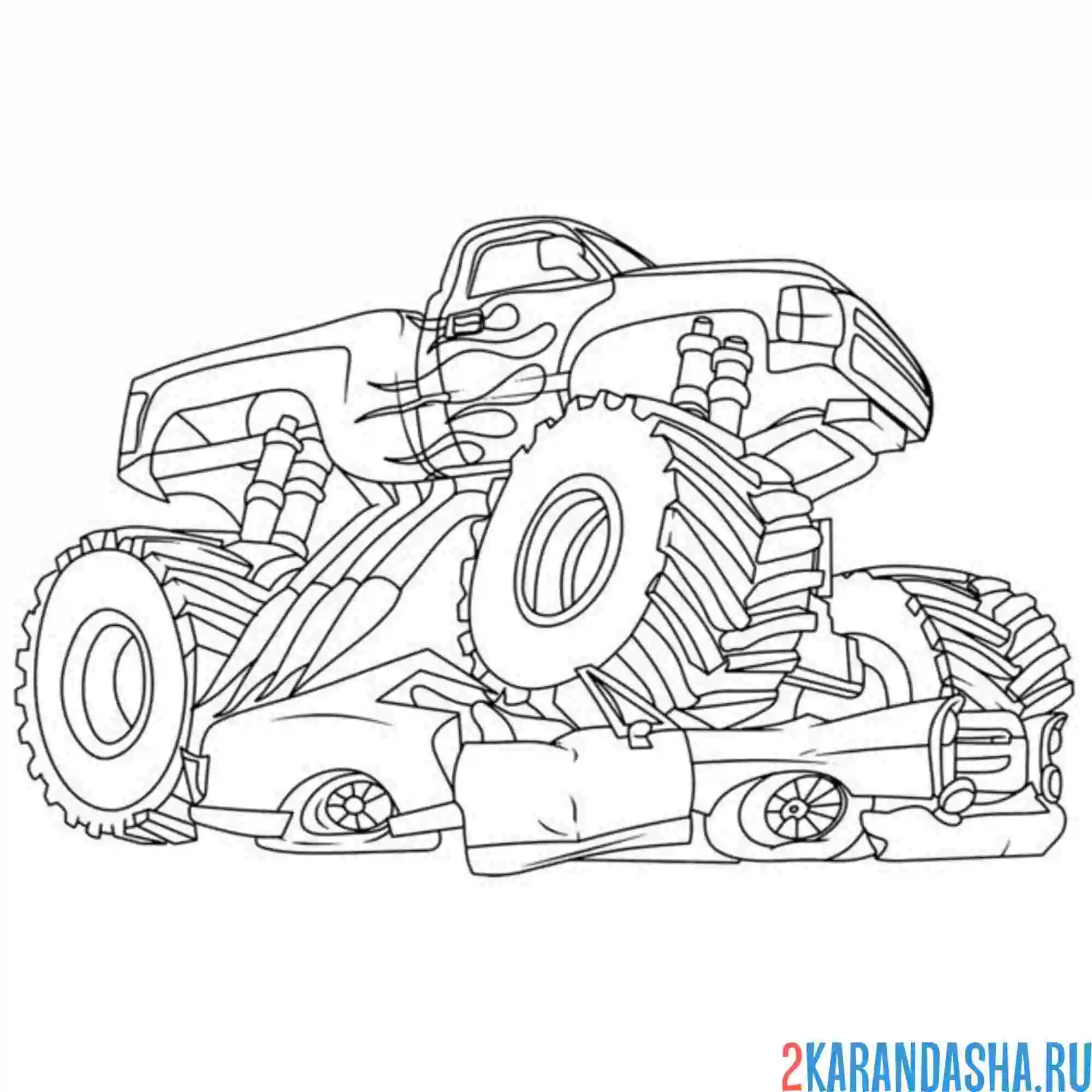 Раскраска монстр-трак помял машину