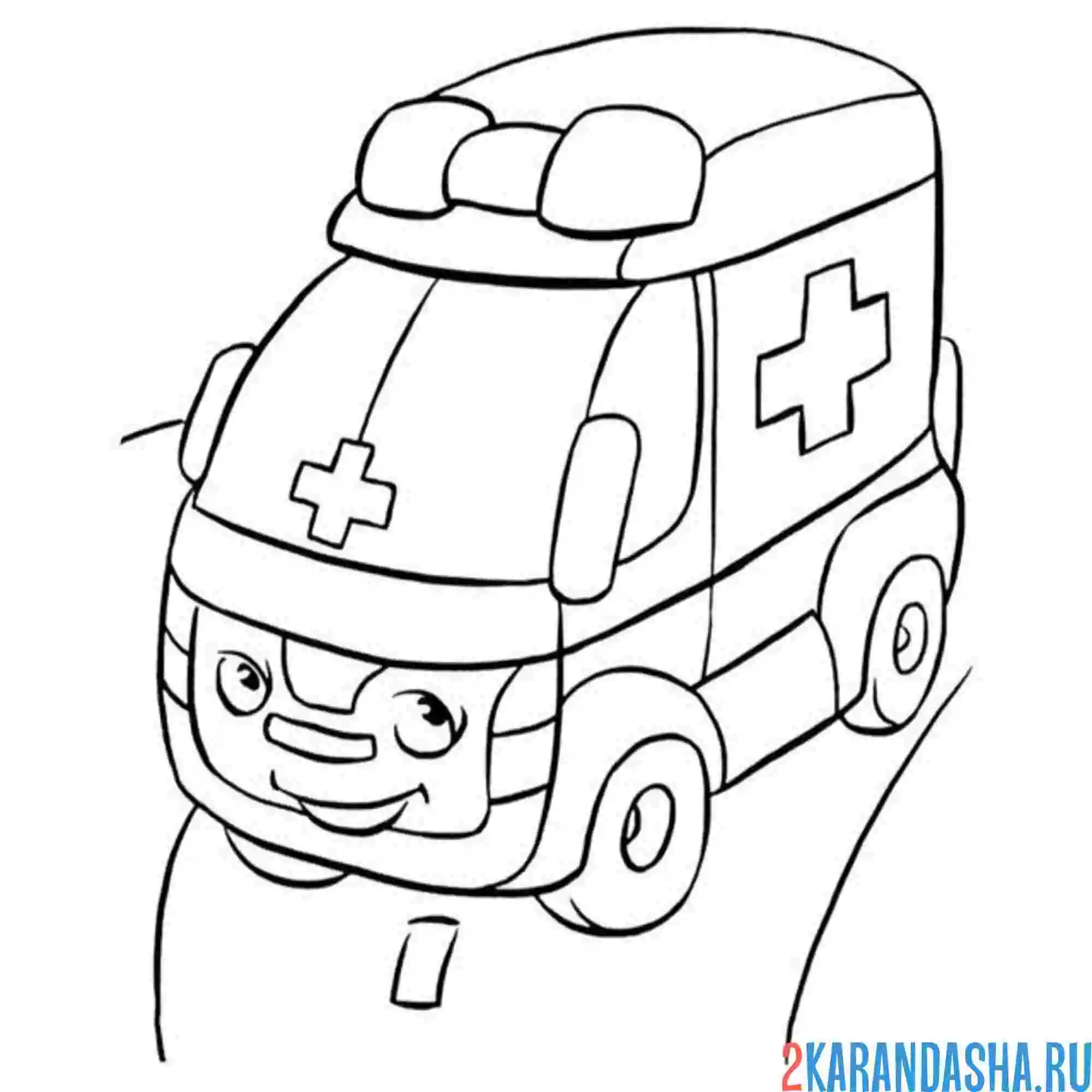 Раскраска скорая помощь с глазками на дороге