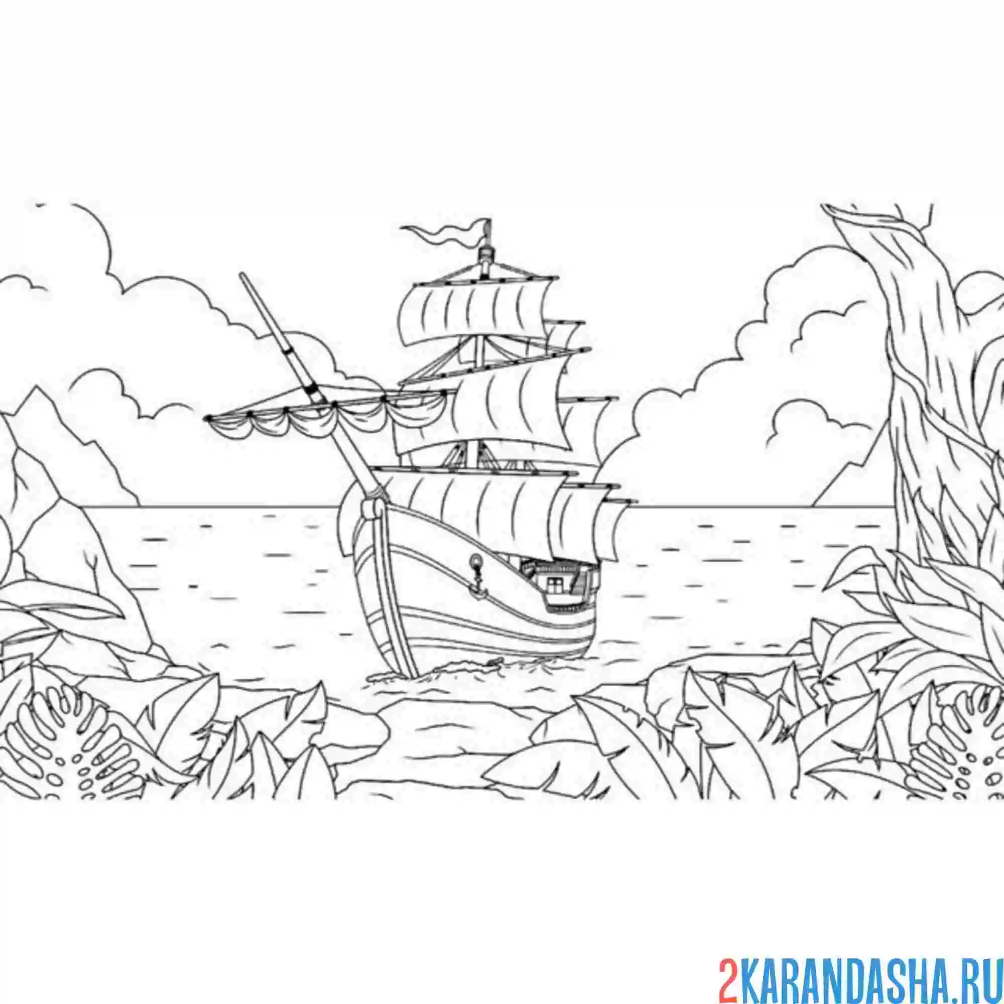 Раскраска большой корабль в море