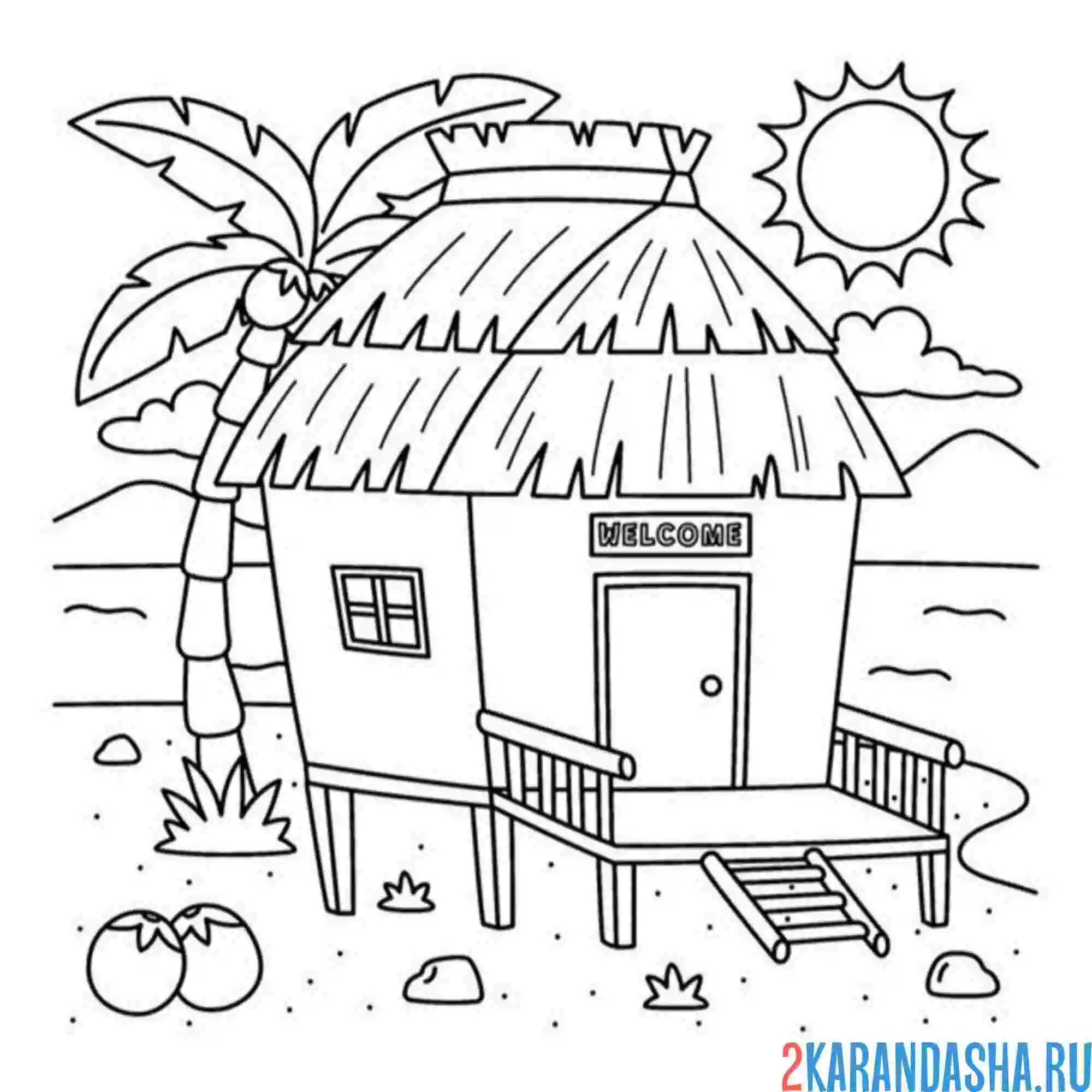 Раскраска бунгало на море
