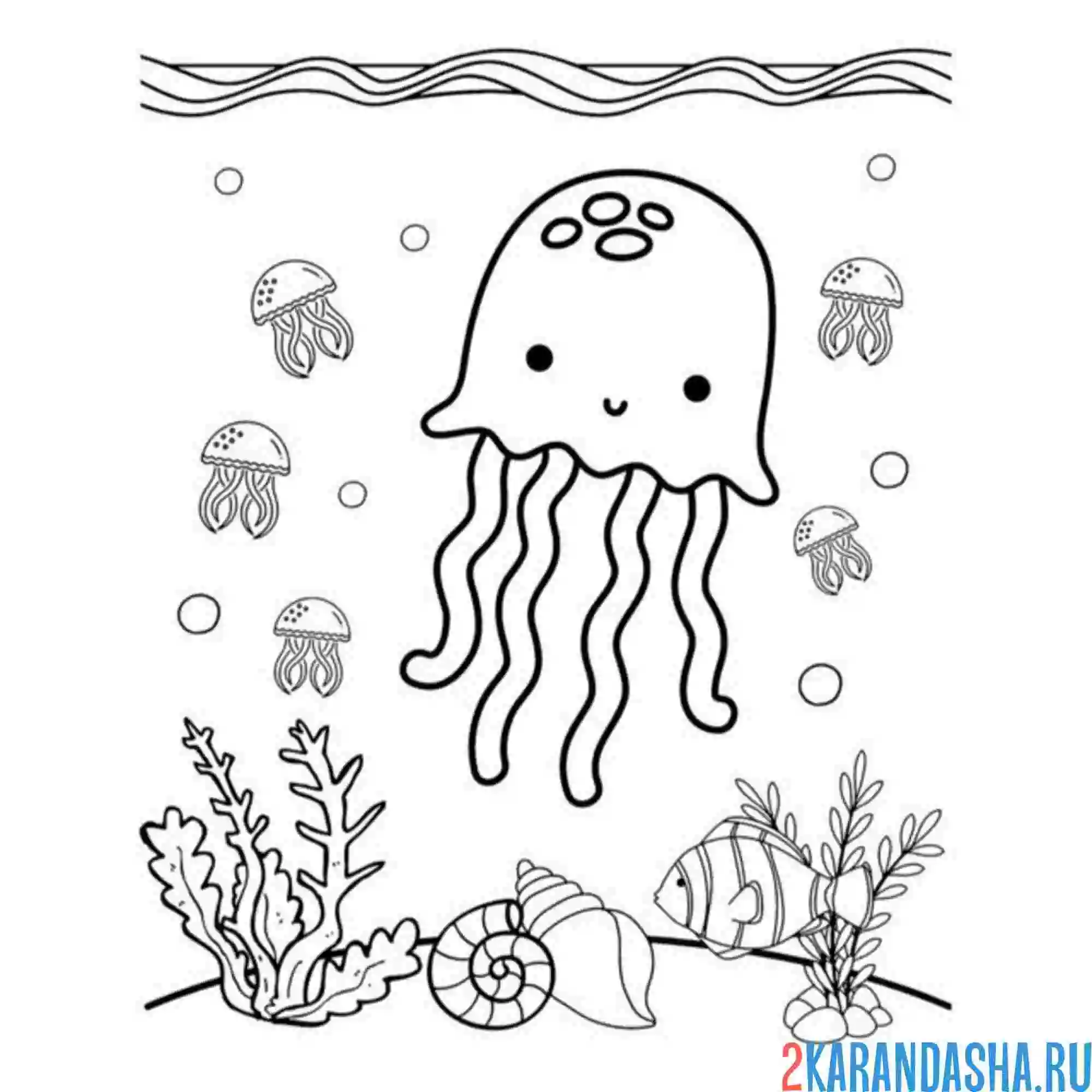 Раскраска маленькая медуза на дне