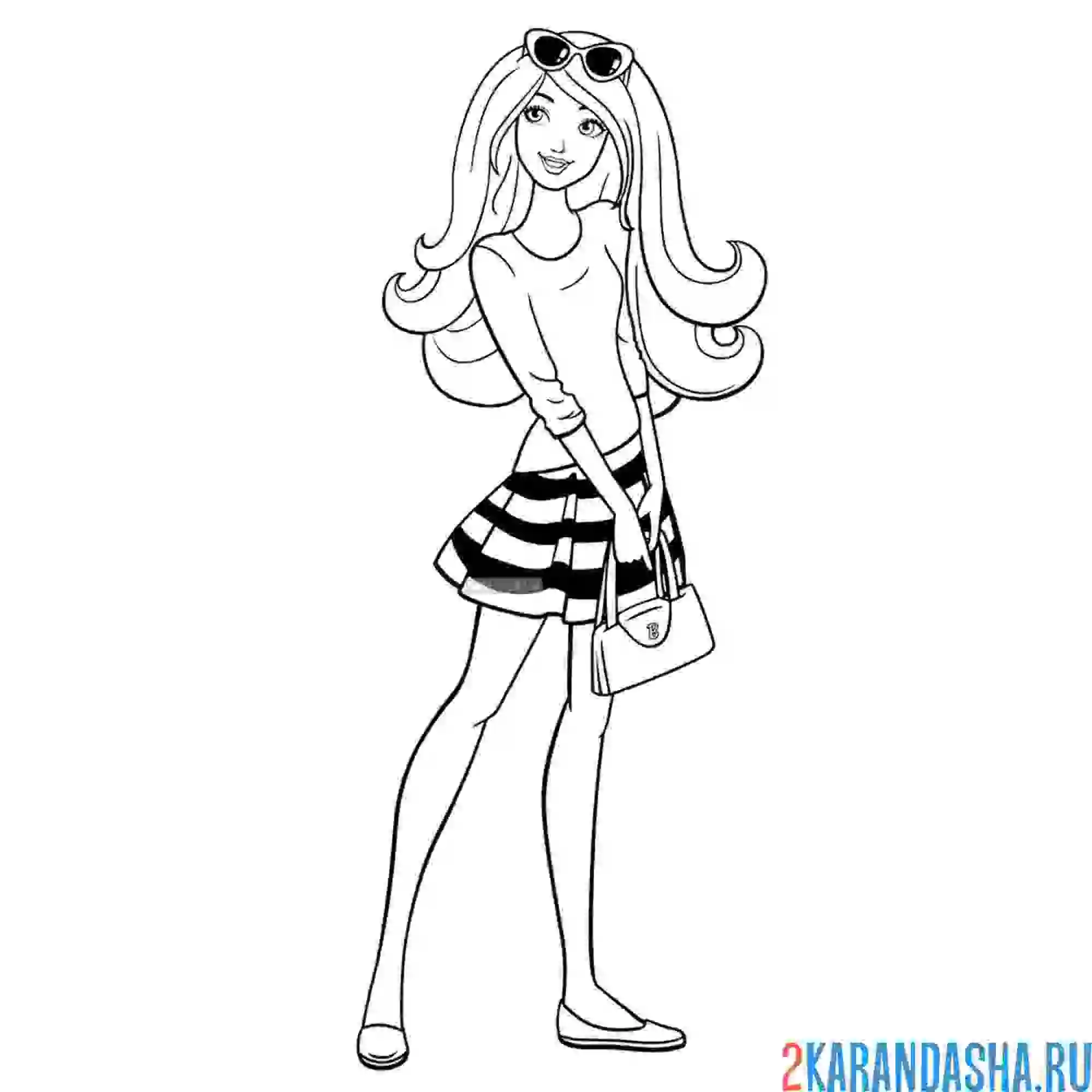 Раскраска барби модница в юбке и с сумочкой