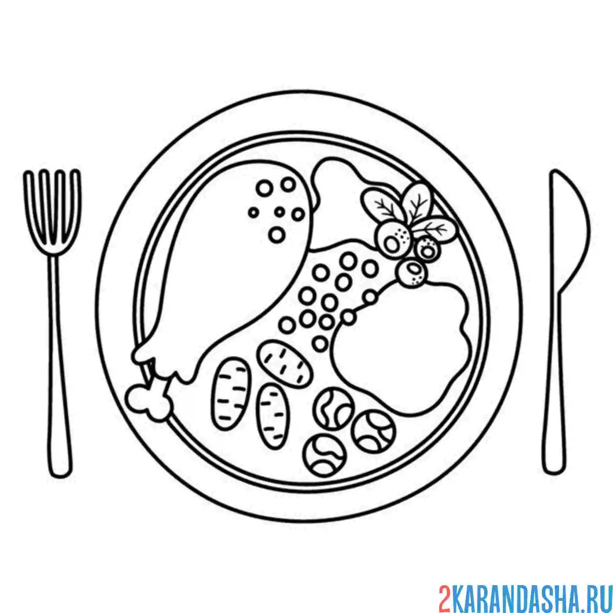 Раскраска тарелка курица и гарнир