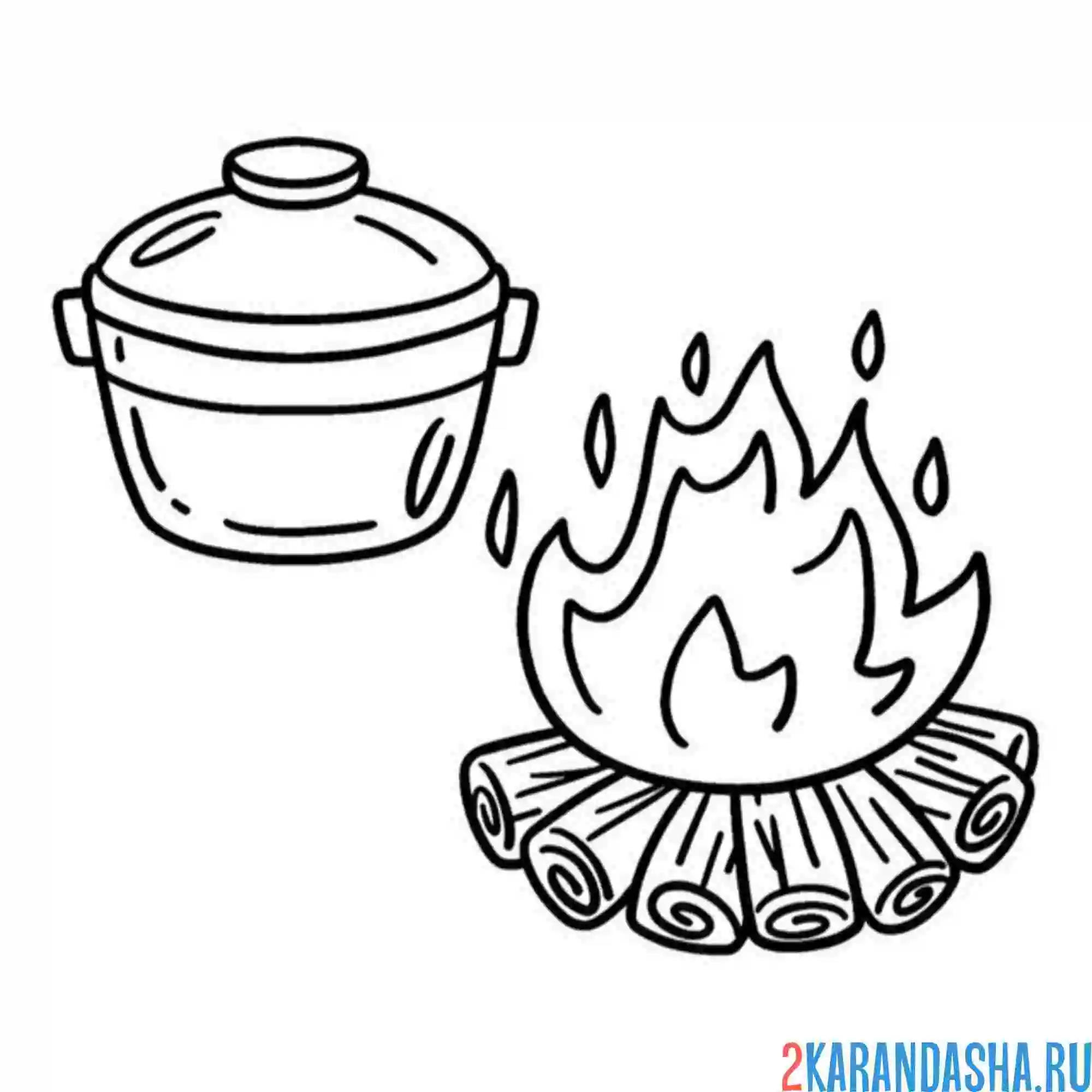 Раскраска казан и огонь посуда