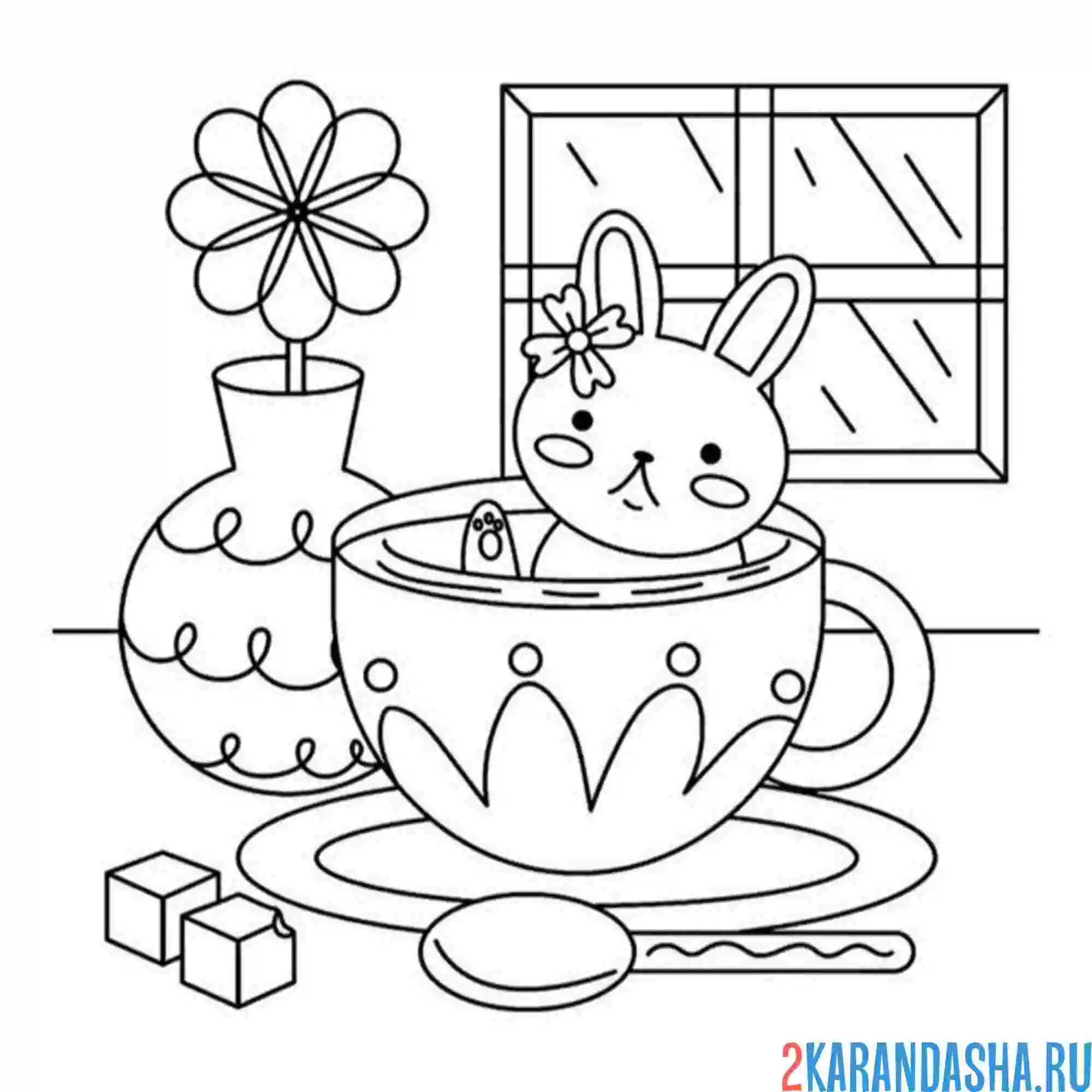 Раскраска зайчик и посуда на столе