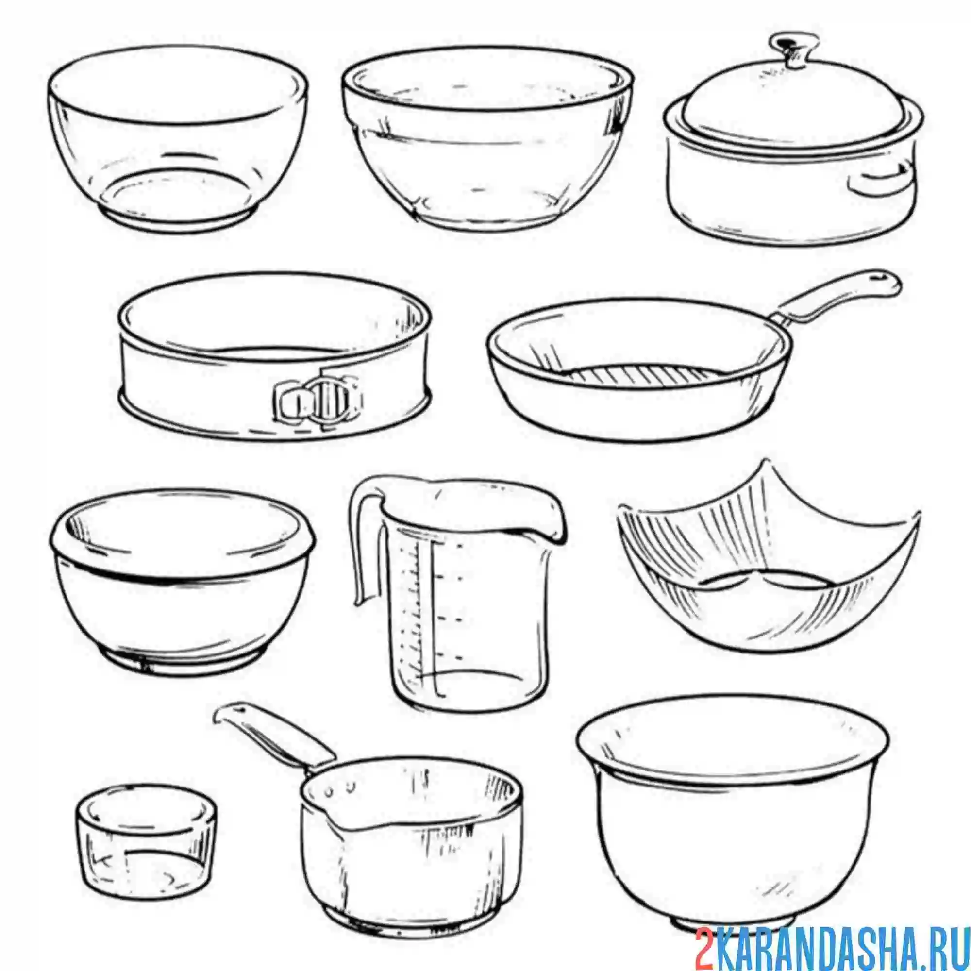 Раскраска много кухонной посуды