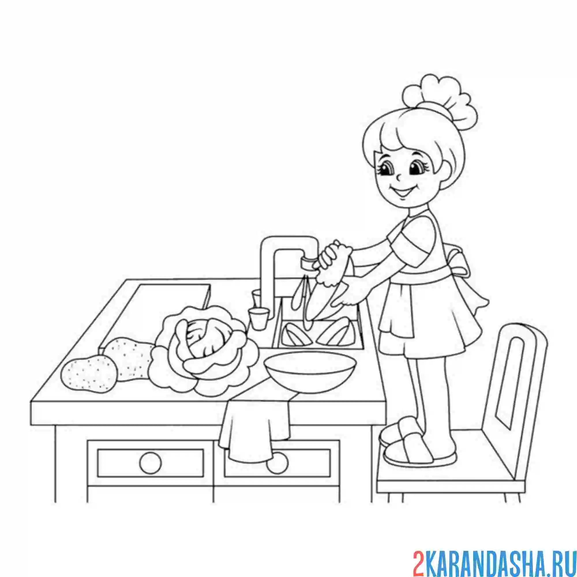 Раскраска девочка моет посуду