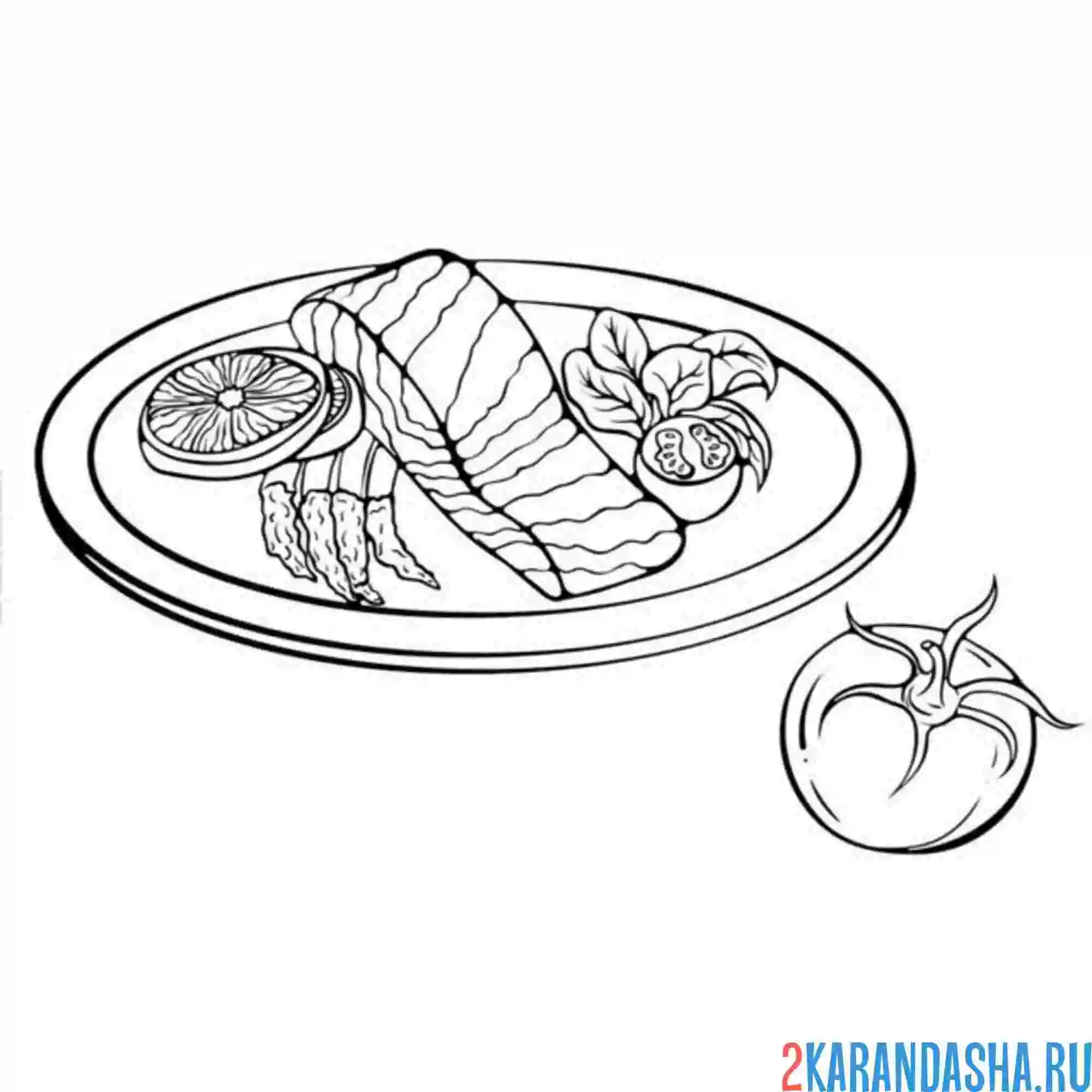 Раскраска рыба на тарелке посуда