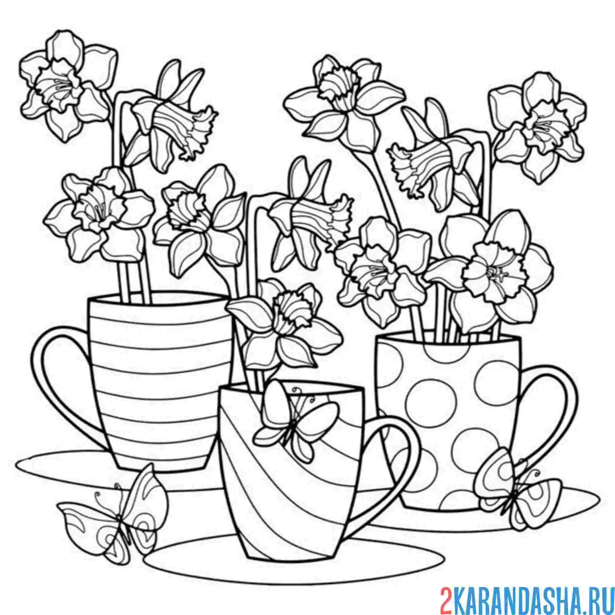 Раскраска чайные чашки с цветами