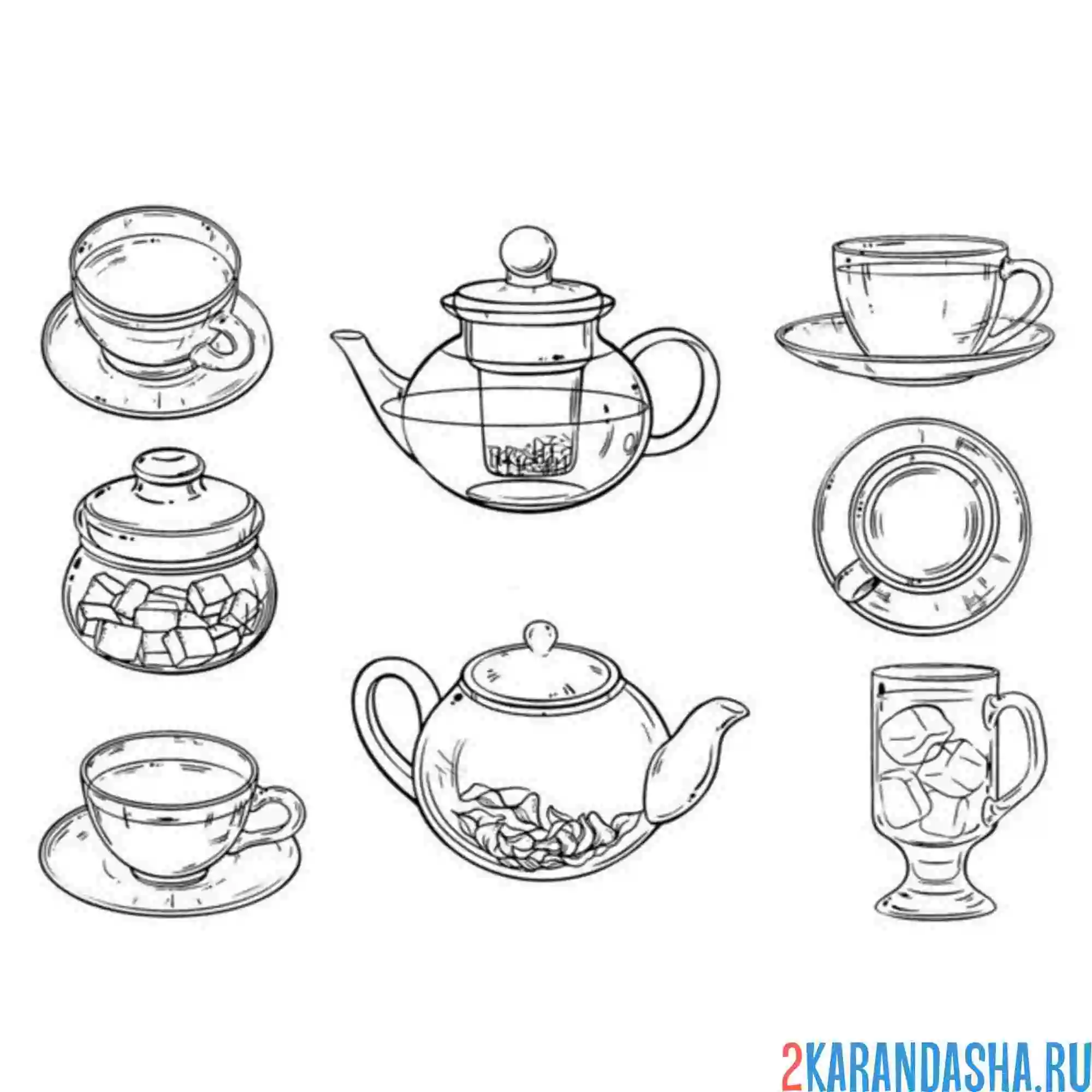 Раскраска чашки стаканы чайники чай