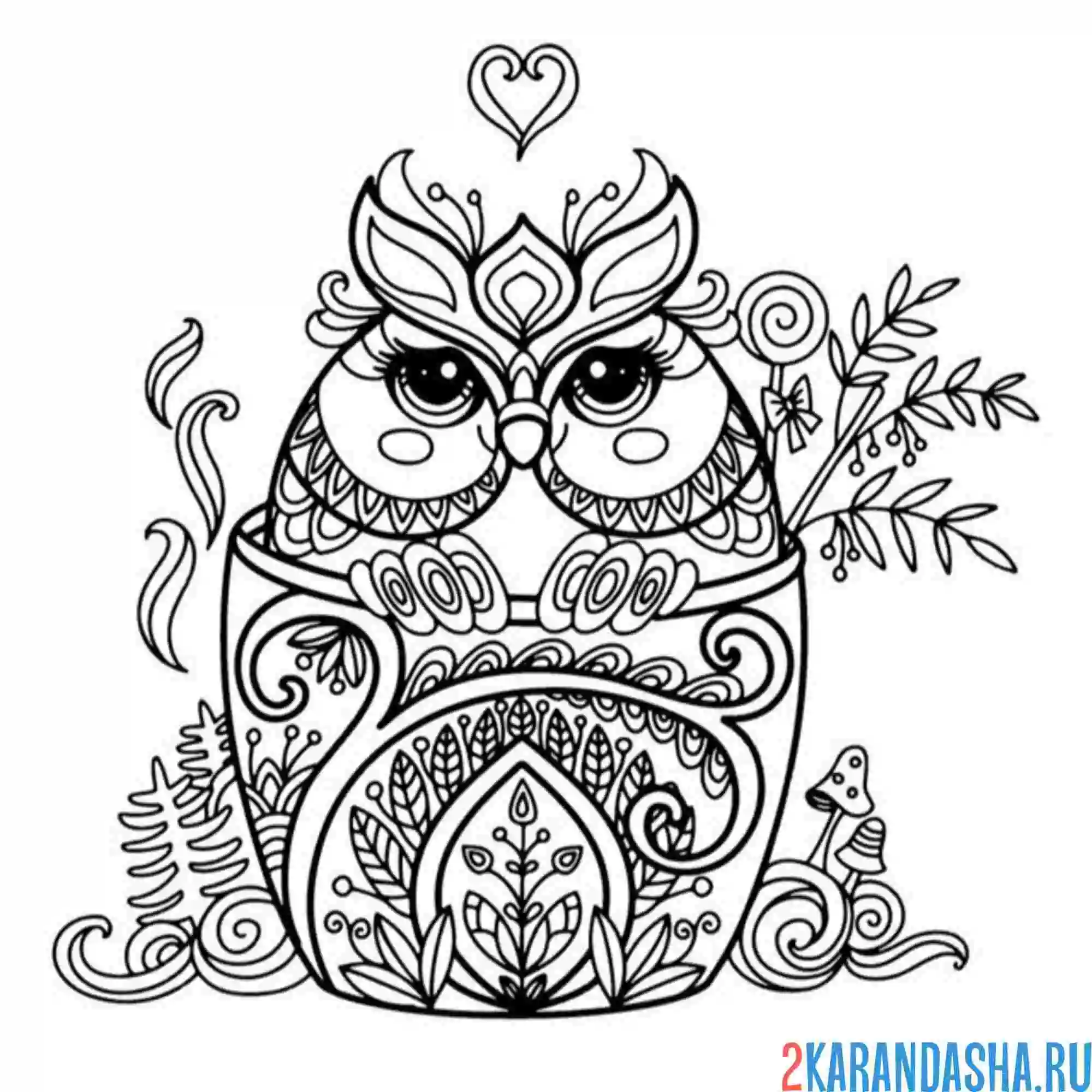 Раскраска сова в чашке антистресс