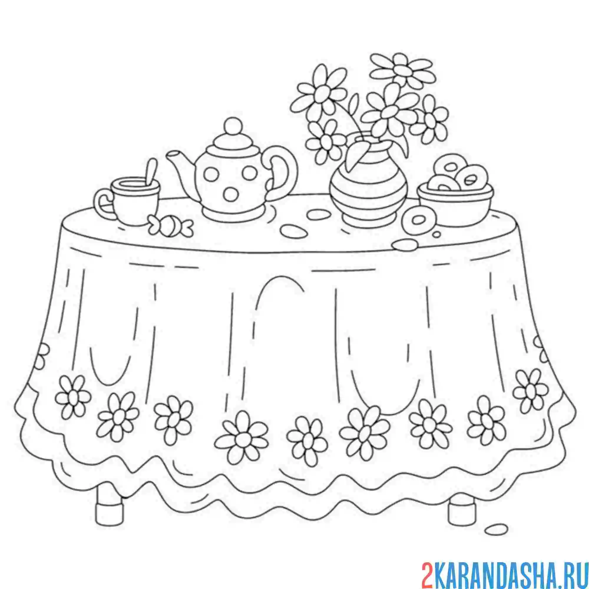 Раскраска стол с чайником и чашками