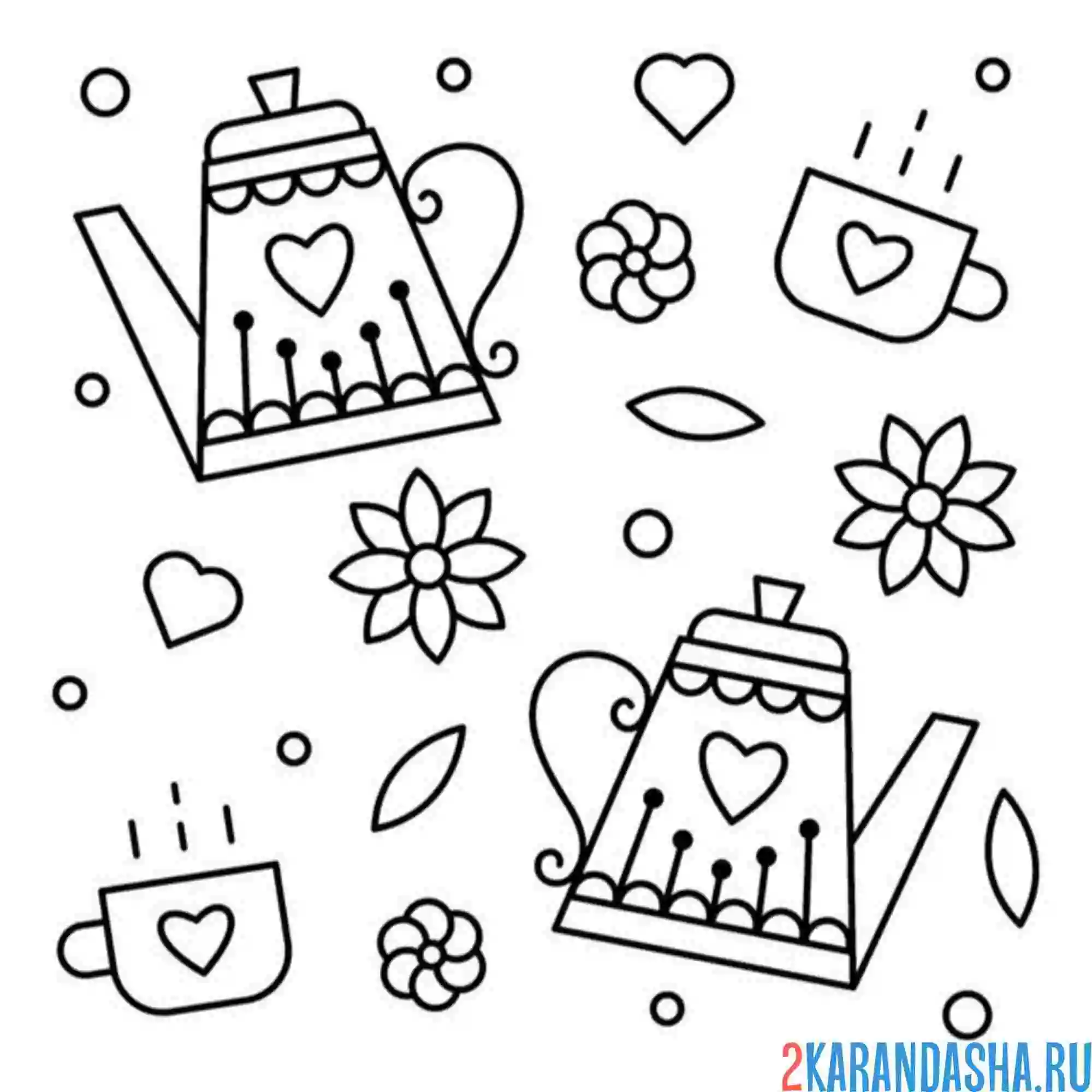 Раскраска весенние чашки и чайник