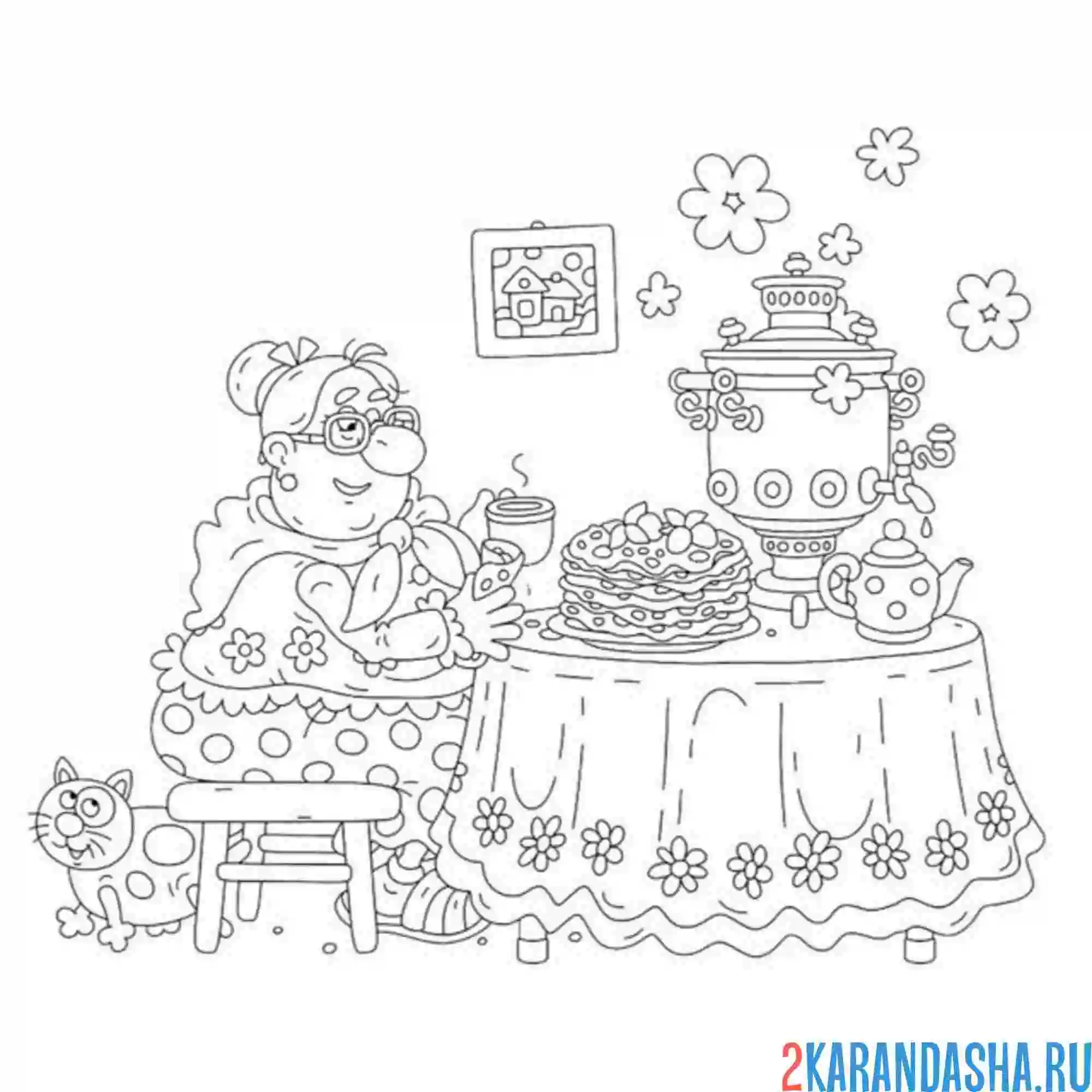 Раскраска бабушка стол масленица блины