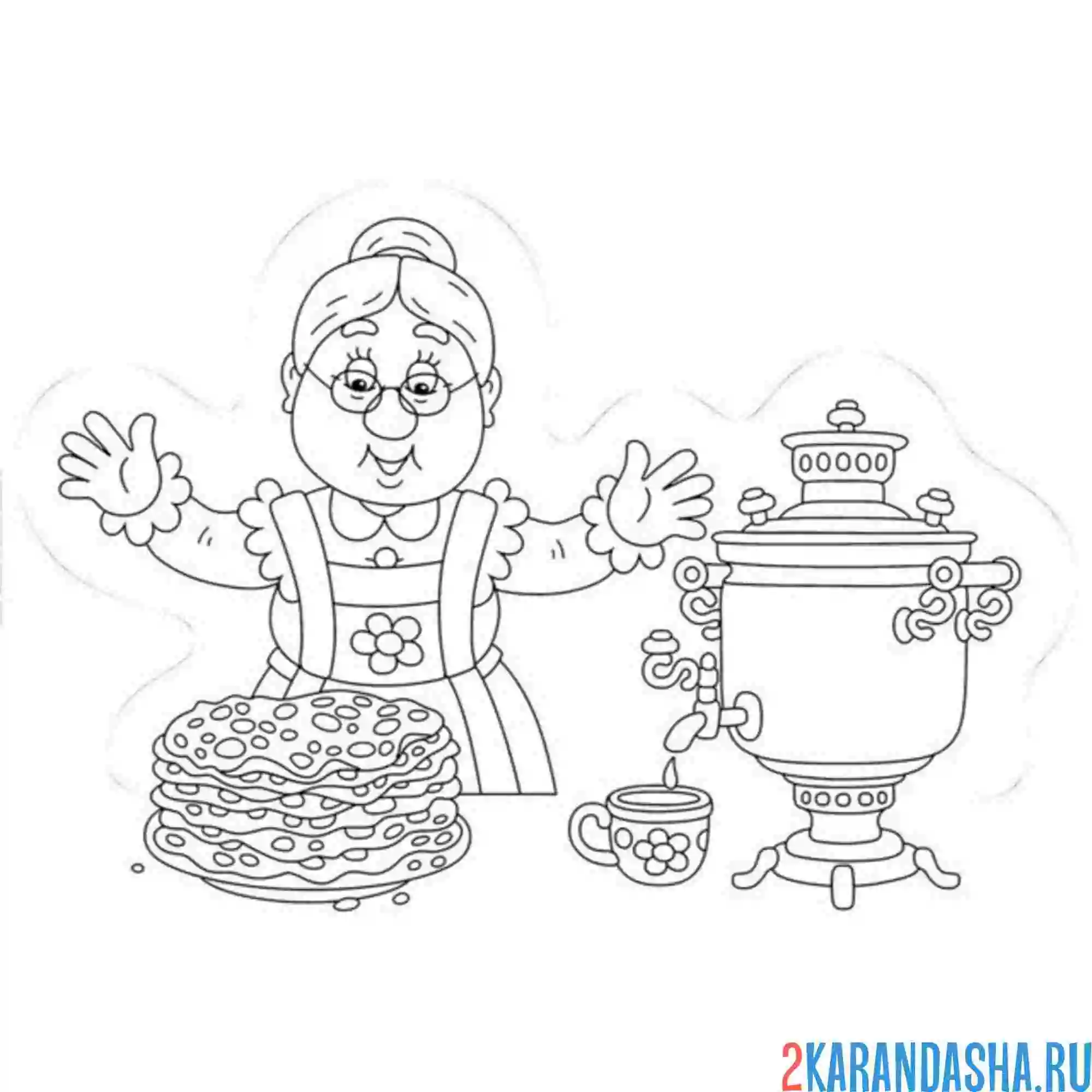 Раскраска бабушка и блины масленица