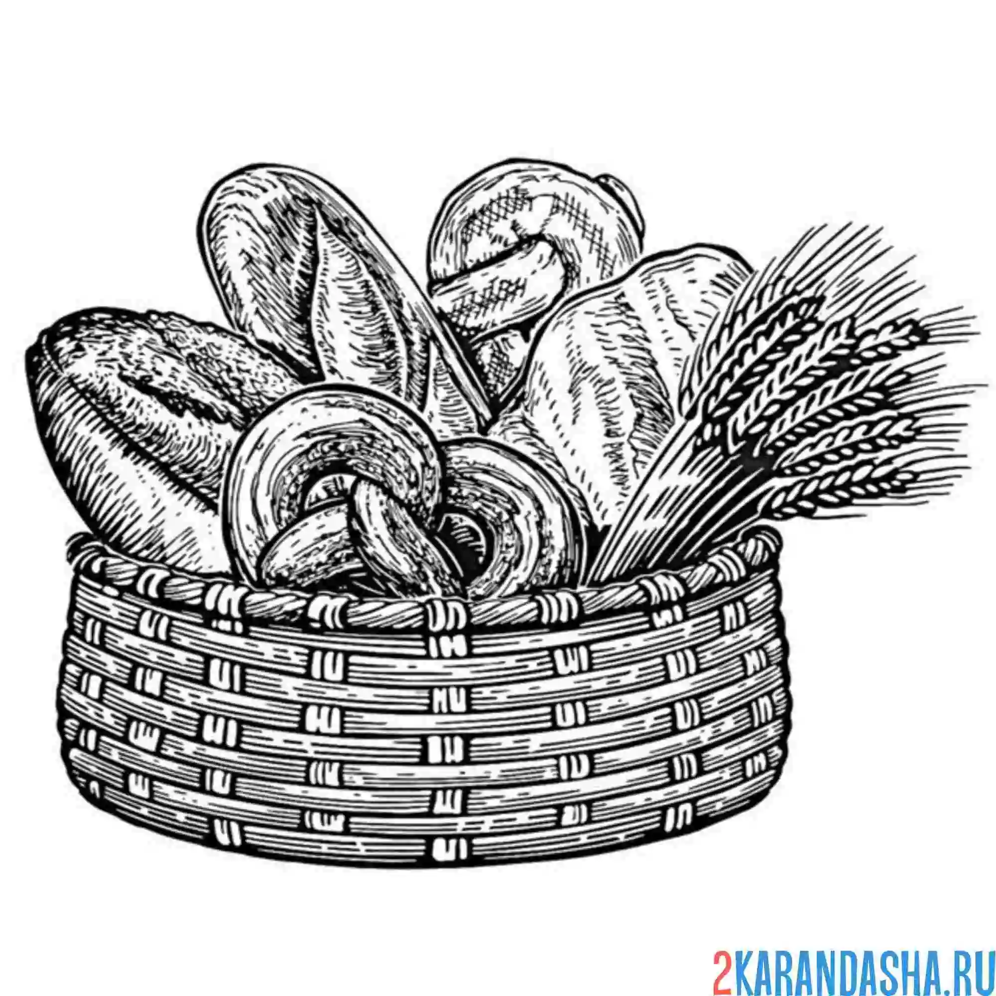 Раскраска батон и хлеба в корзинке